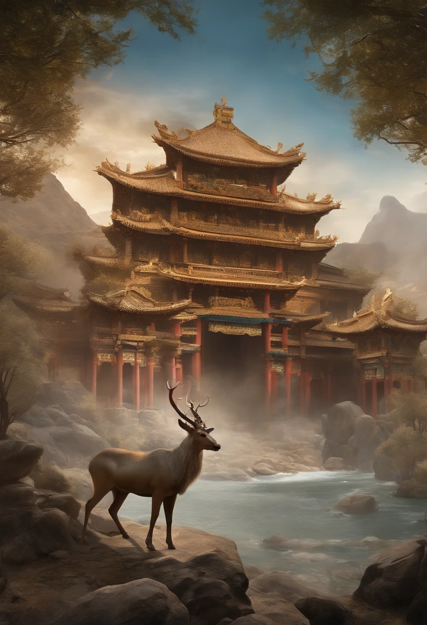 (Best quality at best,8K,A high resolution,tmasterpiece:1.2),ultra - detailed,(actual,realisticlying,Photorealistic:1.37),Ancient beasts from hell,Chinese mythology,Mountain and Sea Sutra,Mountains and sea,Ancient legends,mythological creatures,Sparkling golden scales,deer antlers,mane hair,sbeard,sharp talons,beast of prey,bucktooth,sparkling big eyes, Intricate fantasy ink painting, Detailed fantasy ink illustration, The fantasy is very detailed, beautiful detailed fantasy, The magic fantasy is very detailed, Highly detailed fantasy art, Rivendell Epic Fantasy, japanese fantasy, detailed fantasy digital art, chinese fantasy, detailed fantasy art,Extraction of Dunhuang artistic elements、Extraction of Dunhuang artistic elements