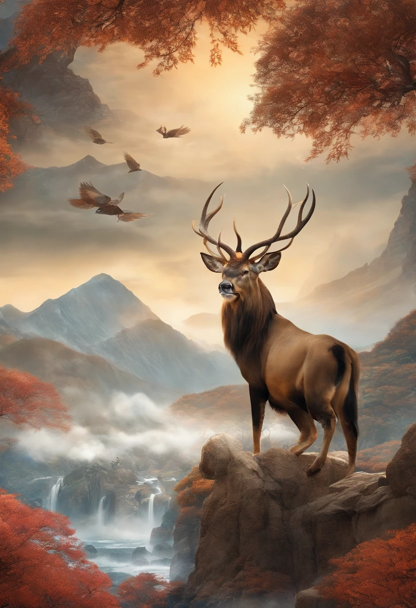 (Best quality at best,8K,A high resolution,tmasterpiece:1.2),ultra - detailed,(actual,realisticlying,Photorealistic:1.37),Ancient beasts from hell，Chinese mythology，Mountain and Sea Sutra，Mountains and sea,Ancient legends,mythological creatures,Sparkling golden scales,deer antlers,mane hair,sbeard,sharp talons,beast of prey，bucktooth，sparkling big eyes， Intricate fantasy ink painting, Detailed fantasy ink illustration, The fantasy is very detailed, beautiful detailed fantasy, The magic fantasy is very detailed, Highly detailed fantasy art, Rivendell Epic Fantasy, japanese fantasy, detailed fantasy digital art, chinese fantasy, detailed fantasy art,Extraction of Dunhuang artistic elements、Extraction of Dunhuang artistic elements