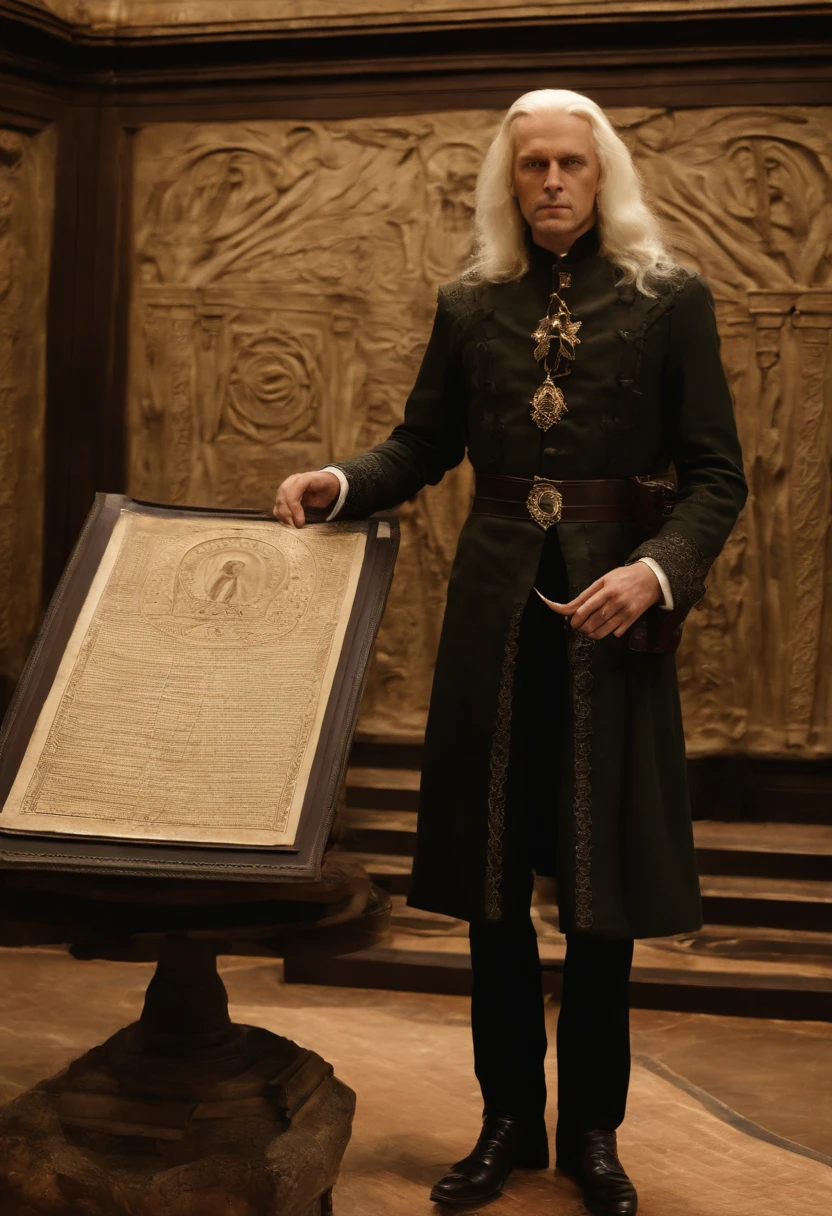 The image is of Ominis Gaunt standing in front of a magical exhibit at the Museum of the Occult, holding a piece of ancient parchment and running his fingers over the intricate markings.,original,Ominis is of average height and quite thin. His skin is very pale but he has a beauty marks. His hair is blonde and swept back. He is blind and his eyes are milky from his blindness.