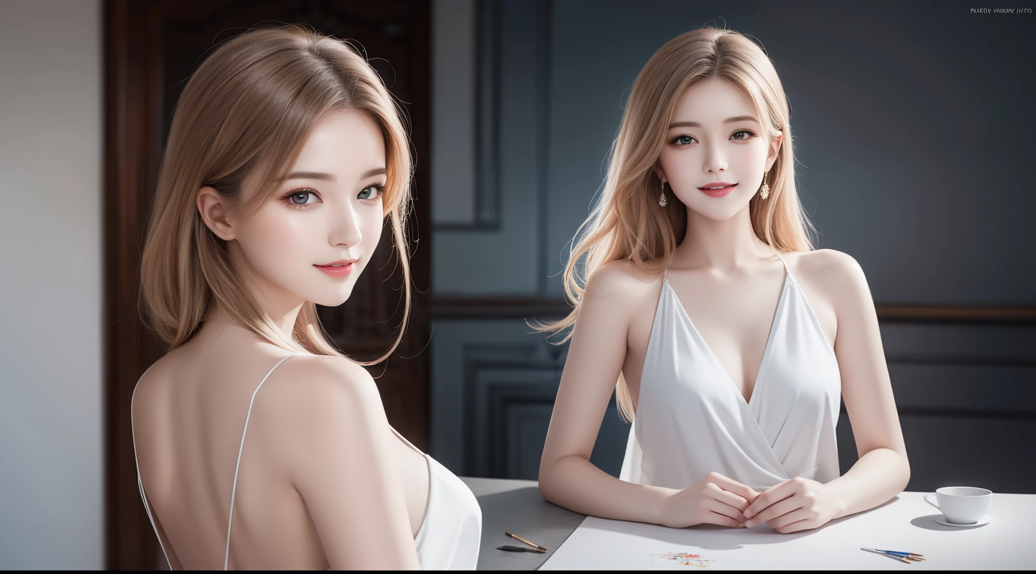 ''Award Winning Realistic Watercolor Artwork (Aesthetic, High Resolution: 1.2), Professional Photographer, Artistic Exposure, Full Body Portrait of 1 Beautiful 20 Year Old Woman, Perfect Body : Intimate moments, Passionate mood, Pure and cheerful smiling expression, Delicate features, Attractive beautiful lips, Attractive half-closed transparent eyes, Beautiful evening gown showing off smooth white skin, Multi-colored hair attracts all eyes, Inviting gaze, posture attracts all eyes, Strong lighting, Vivid colors, Intimate setting, Perfectionism.''