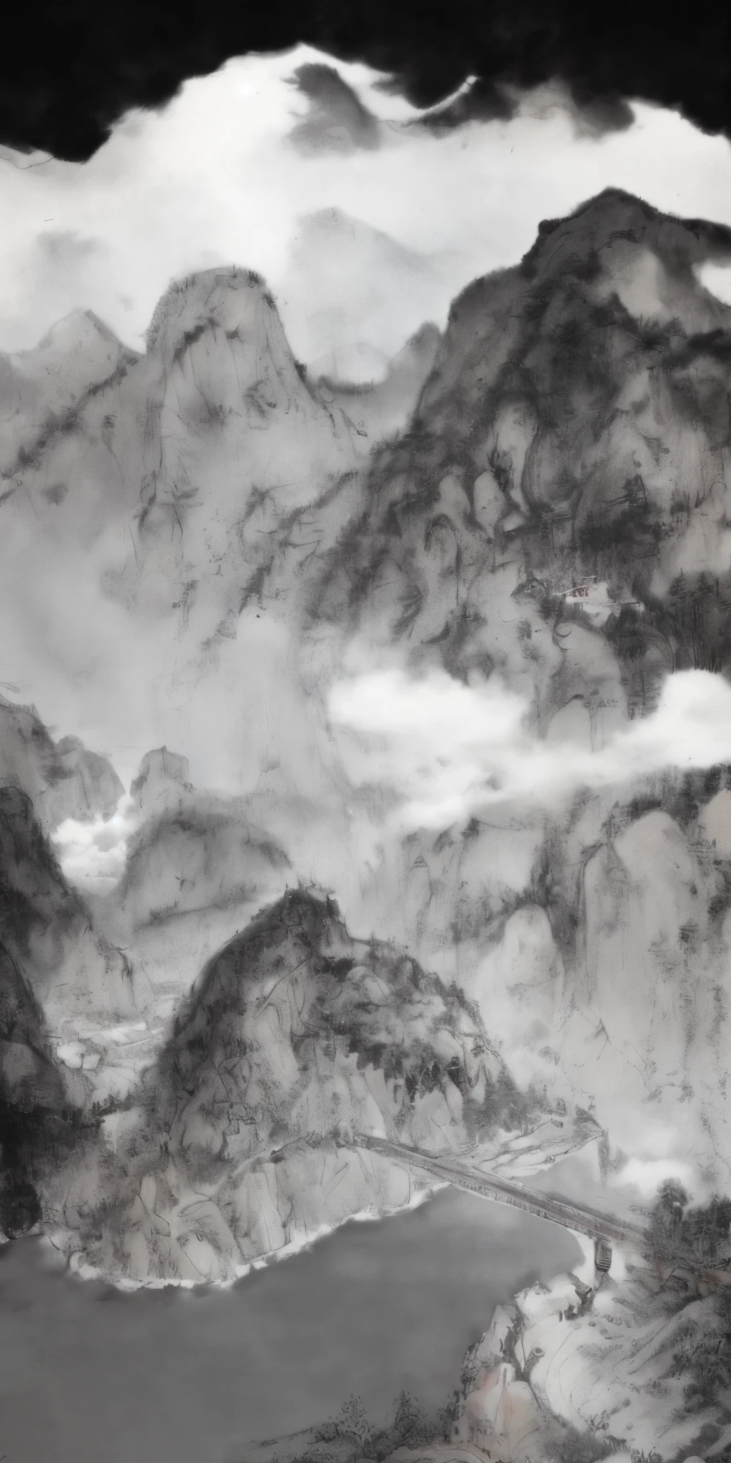 Color this Chinese painting，Alpine Chinese Painting， National exhibition style， ink and watercolor painting，Low saturation colors， Detailed mountain rocks， There are trees in the mountains， ​​clouds ，There is a modern red bridge crossing the mountains，A car passes on the bridge。
