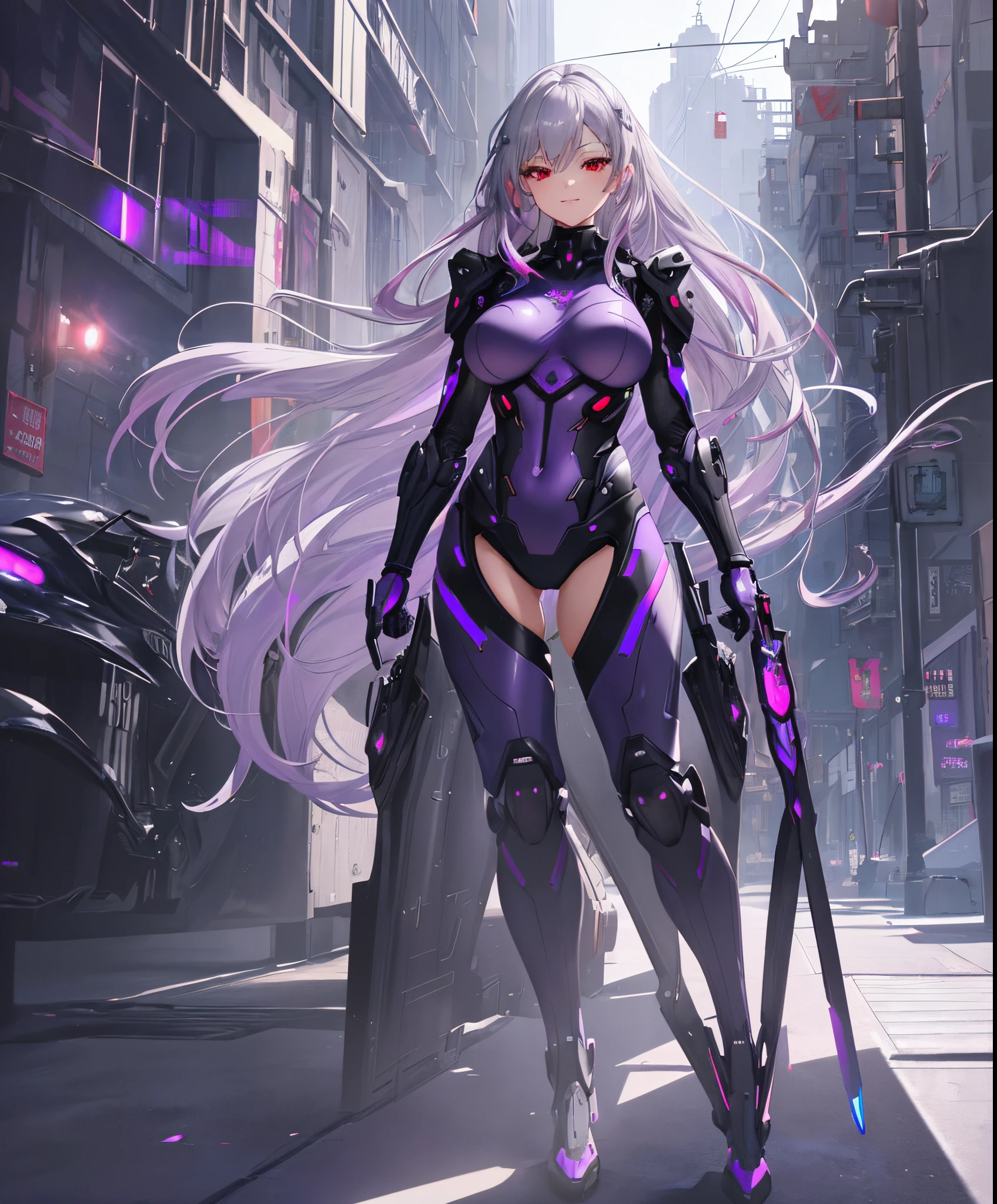 (extremely detailed CG unity 8k wallpaper), (((masterpiece))), (((best quality))), ((ultra-detailed)), (((illustration))), (best shadow), ((an extremely delicate and beautiful)), (detailed light), (well designed face), amazing face, (super detailed), cinematic shot, beautiful detailed eyes, detailed background, solo, 1girl, straight hair, very long hair, ((center parting bangs)), (bare forehead), floating hair, ((purple inner hair colour)), (((silver hair))), sexy lips, (((red eyes))), glowing eyes, grey skin, first rate breasts, large breast, first rate female bodies, bewitching thighs, smirk, (blue combat suit), exoskeleton, cyber city, futuristic building in behind, full body,