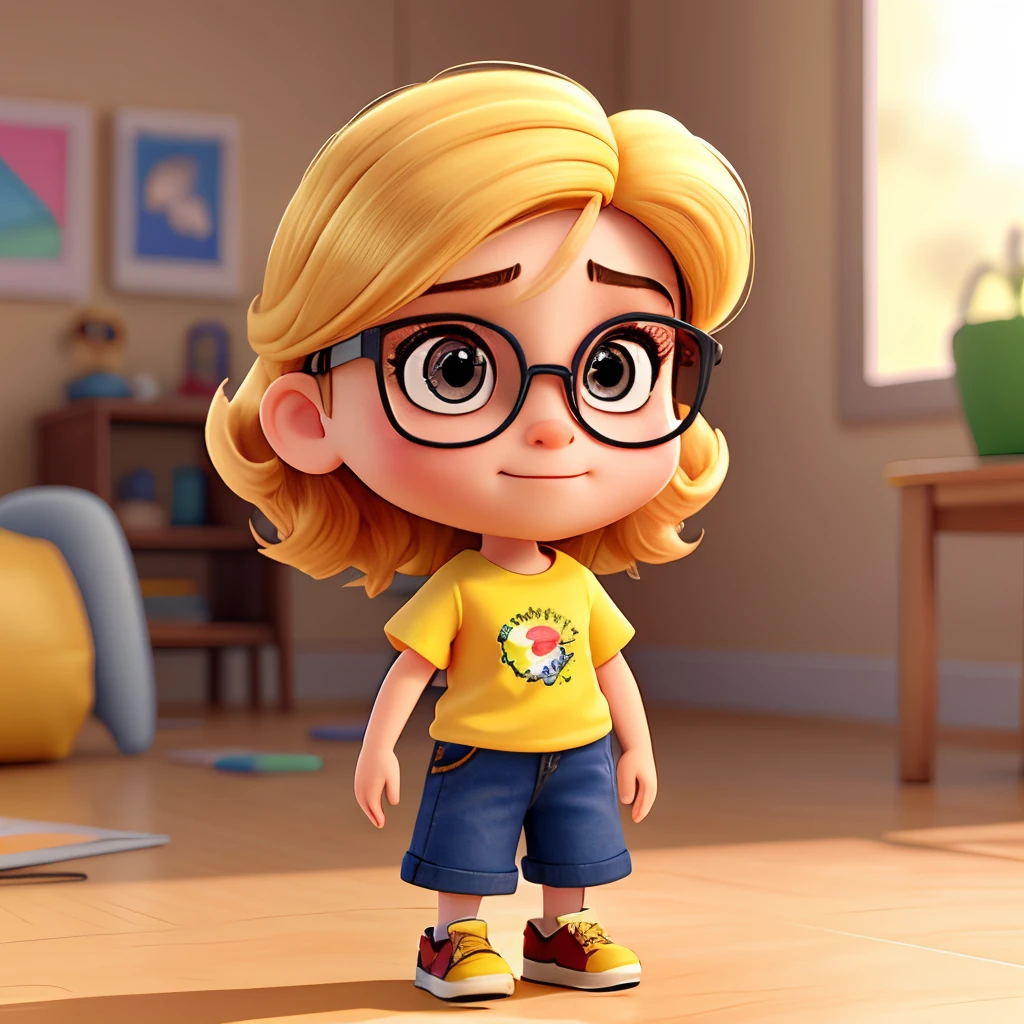 38 year old cutie, Yellow T-shirt, wave her hand, Huge head, Photographing Undercut Hair , Wearing round gold thin frame glasses, highly detail eyes,frontage, fit body, full-body view, Very detailed hands ,toys figures,Best quality at best, 3 d desenho animado,full-body view, fanciful, dream, ultra-realistic realism, super adorable, Hot topics on artstation