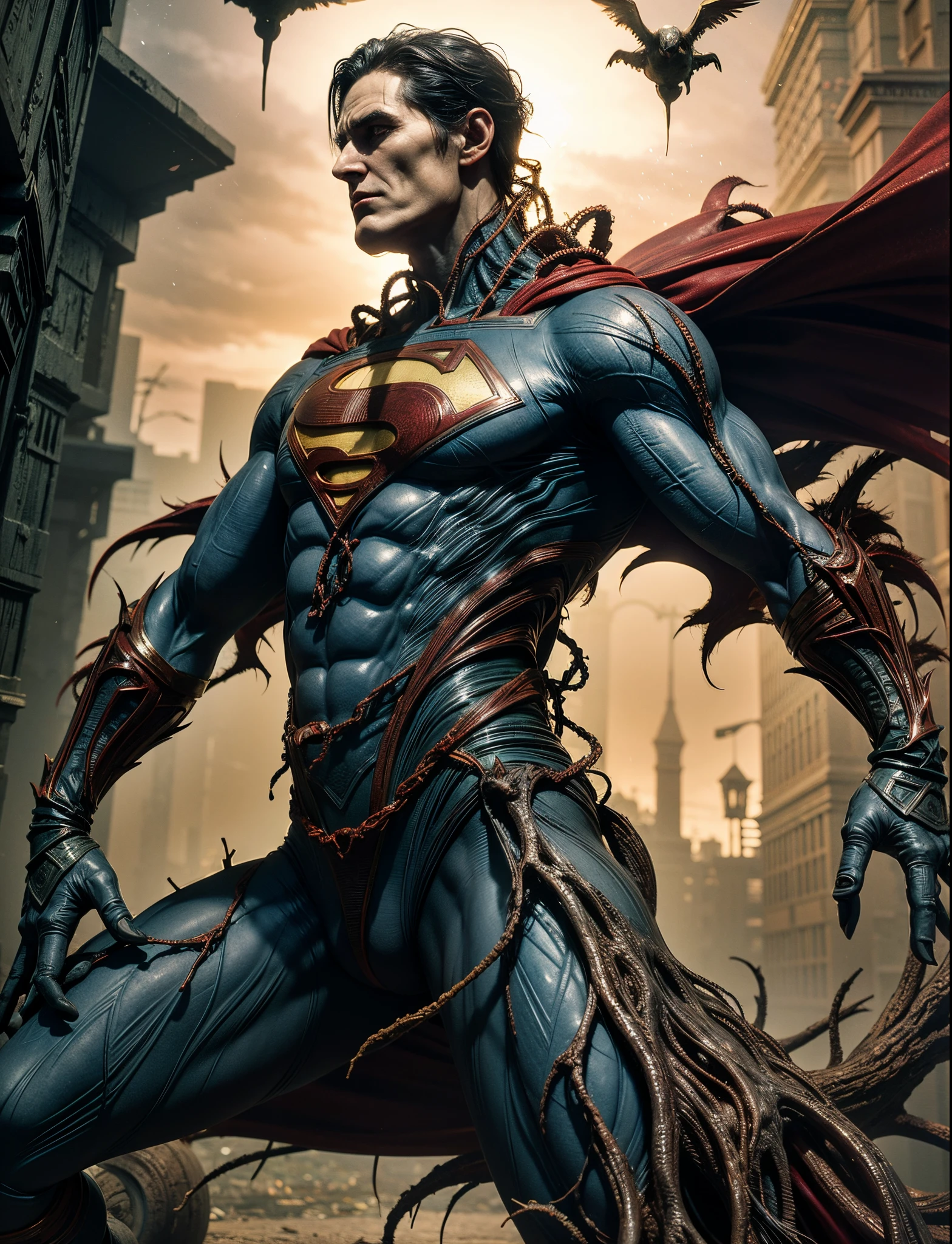 Superman is standing in a dark city with a terrifying face., dark super villain, high-detail, 8k, UHD,