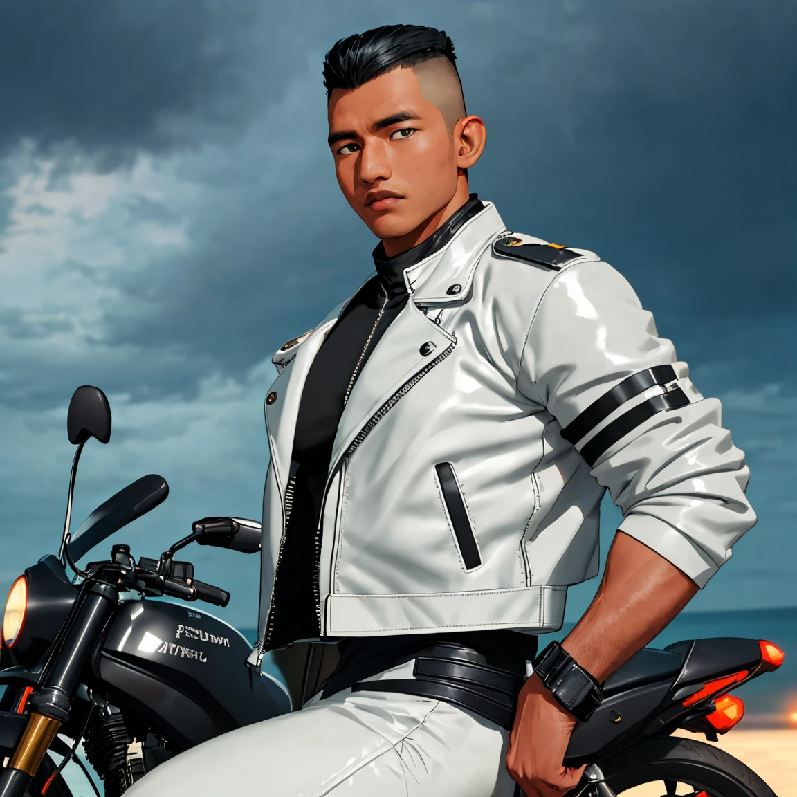 syahnk,front view ,1man,22 y.o very huge muscular man wearing white shirt in fit leather jacket,( visible huge pecs and bulging muscular arm in tight jacket,tight leather jacket,detailed jacket,handsome,masculine,military hair,high fade hair,whole body shot,high detailed skin:1.4), full body, coastline, overcast weather, wind, waves,motorbike,8k uhd, dslr, soft lighting, high quality, film grain, Fujifilm XT3 masterpiece, best quality, highres, realistic,DSLR ,