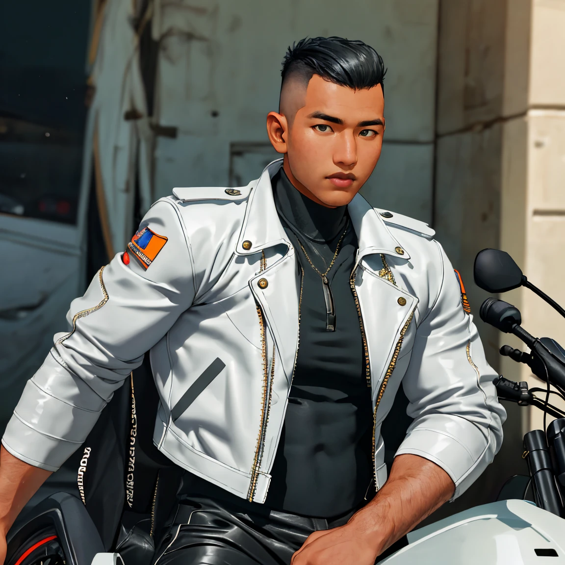 syahnk,front view ,1man,22 y.o very huge muscular man wearing white shirt in fit leather jacket,( visible huge pecs and bulging muscular arm in tight jacket,tight leather jacket,detailed jacket,handsome,masculine,military hair,high fade hair,whole body shot,high detailed skin:1.4), full body, coastline, overcast weather, wind, waves,motorbike,8k uhd, dslr, soft lighting, high quality, film grain, Fujifilm XT3 masterpiece, best quality, highres, realistic,DSLR ,