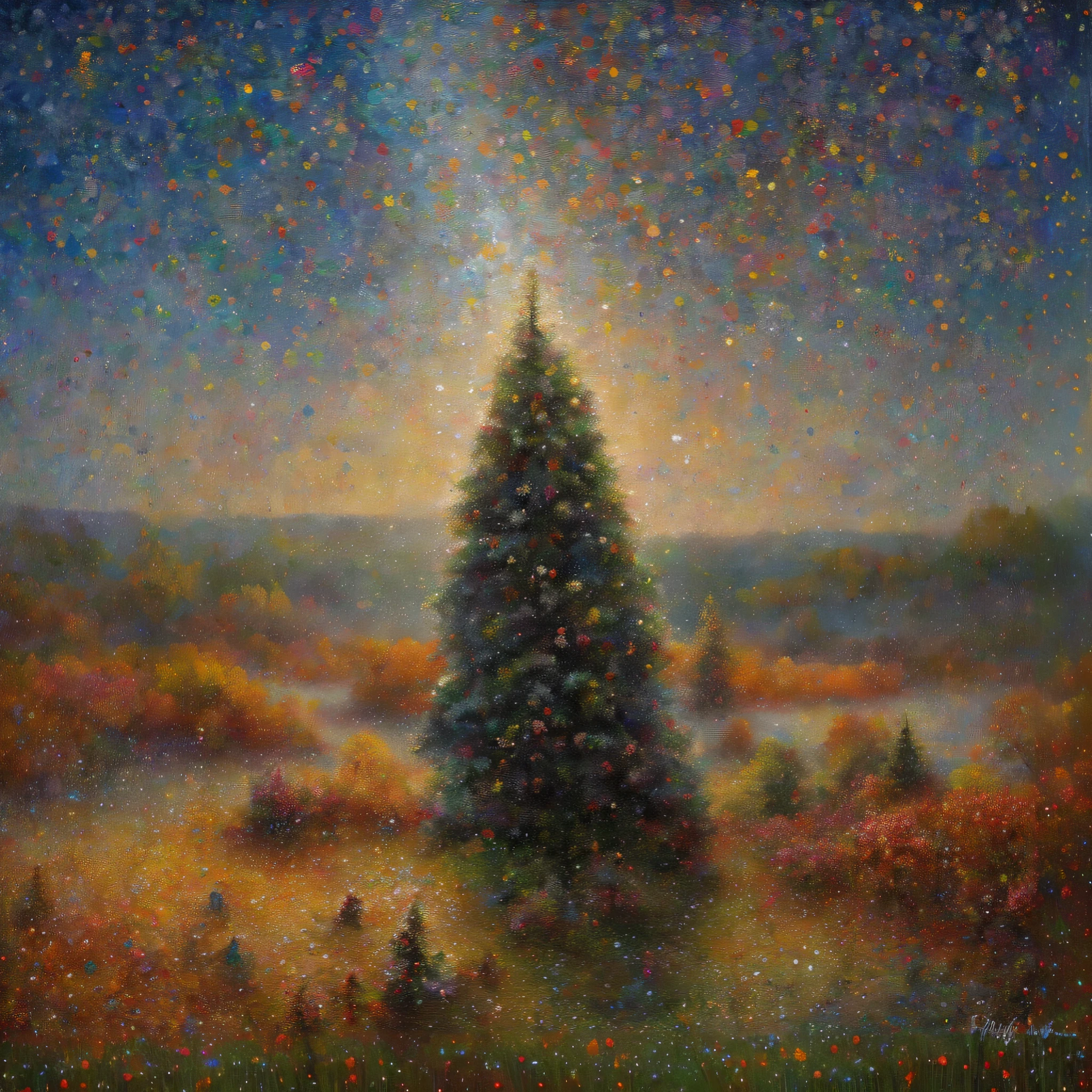 painting of a christmas tree in a field with a star in the sky, jon mcnaughton, andy park, a pointillism painting, under the silent night sky, inspired by mark keathley, magical realism painting, saturated pointillism, christmas tree, magic tree, mystical oil on linen, inspired by Jakub Schikaneder, andrey gordeev