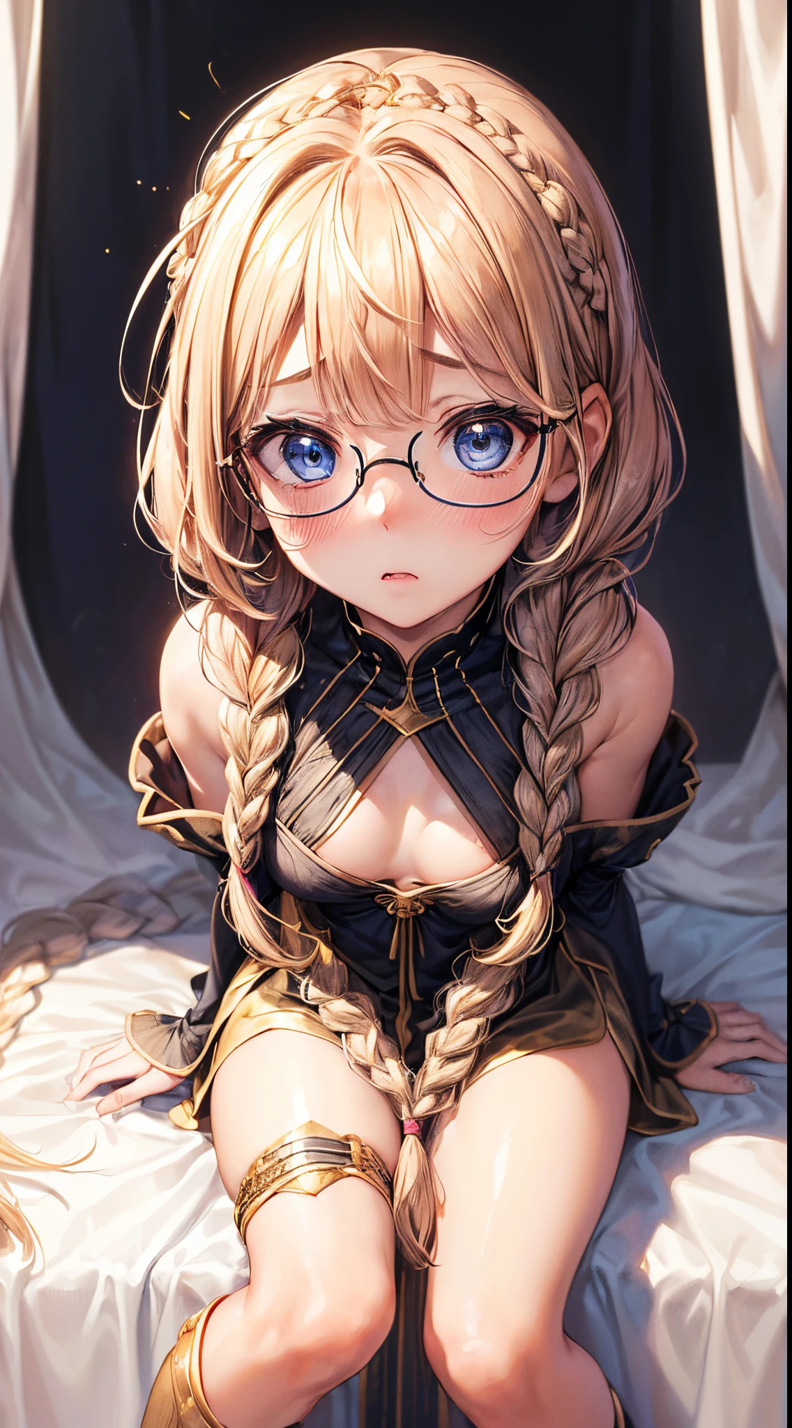 1womanl,Golden head hair, ,((Impatient expression)),Beautiful breasts,thin white tube top,well-styled,,(Facing the front)(((Blushing cheeks、Surprised look)),(((Braids))),((( Portrait from the knee up)))Frameless glasses,Blue eyes,(((Bangs are aligned)))((see -through))((tentaculata))