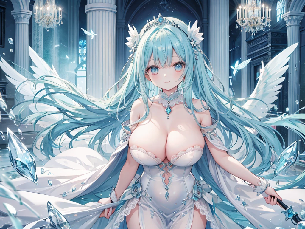 1 woman、Hair that shines like pale aquamarine、fluffy and soft hair、Sparkling aquamarine eyes、爆乳、Too large breasts、Seductive breasts、Lace dress、Goddess dress、Tiara of the Goddess、goddess god々Feeling、lace cape、aquamarine choker、Castle Room、Long Lace Bale、Ruffles and ribbons、A smile、The upper part of the body、A very shiny long walking stick made of aquamarine and crystals.、Wings encrusted with aquamarine、A benevolent look、Aquamarine brilliance、Eternal brilliance、Too large breasts、爆乳、puffy chest、