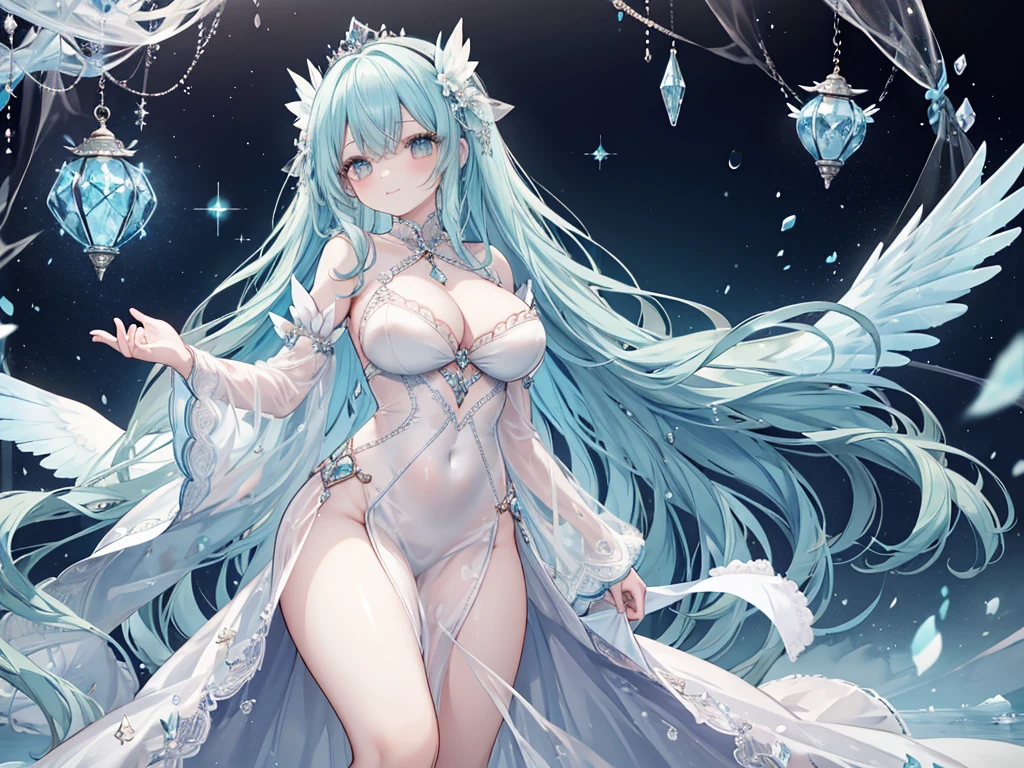 1 woman、Hair that shines like pale aquamarine、fluffy and soft hair、Sparkling aquamarine eyes、爆乳、Too large breasts、Seductive breasts、Lace dress、Goddess dress、Tiara of the Goddess、goddess god々Feeling、lace cape、aquamarine choker、Castle Room、Long Lace Bale、Ruffles and ribbons、A smile、The upper part of the body、A very shiny long walking stick made of aquamarine and crystals.、Wings encrusted with aquamarine、A benevolent look、Aquamarine brilliance、Eternal brilliance、Too large breasts、爆乳、puffy chest、