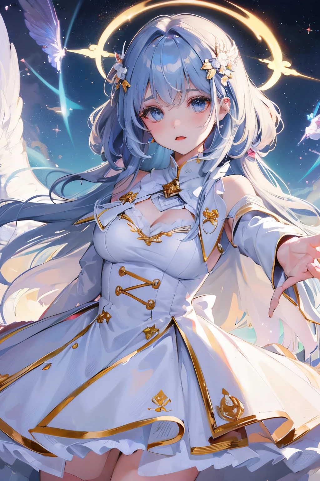 tmasterpiece, (Best quality at best:1.2), [:Complicated details:0.2], 1 plump girl,  Angelic, the angel's wings, White frills, (Daytime sky), A flashing halo, intense concentration, Burst energy, mystic symbols, scintillation particles,