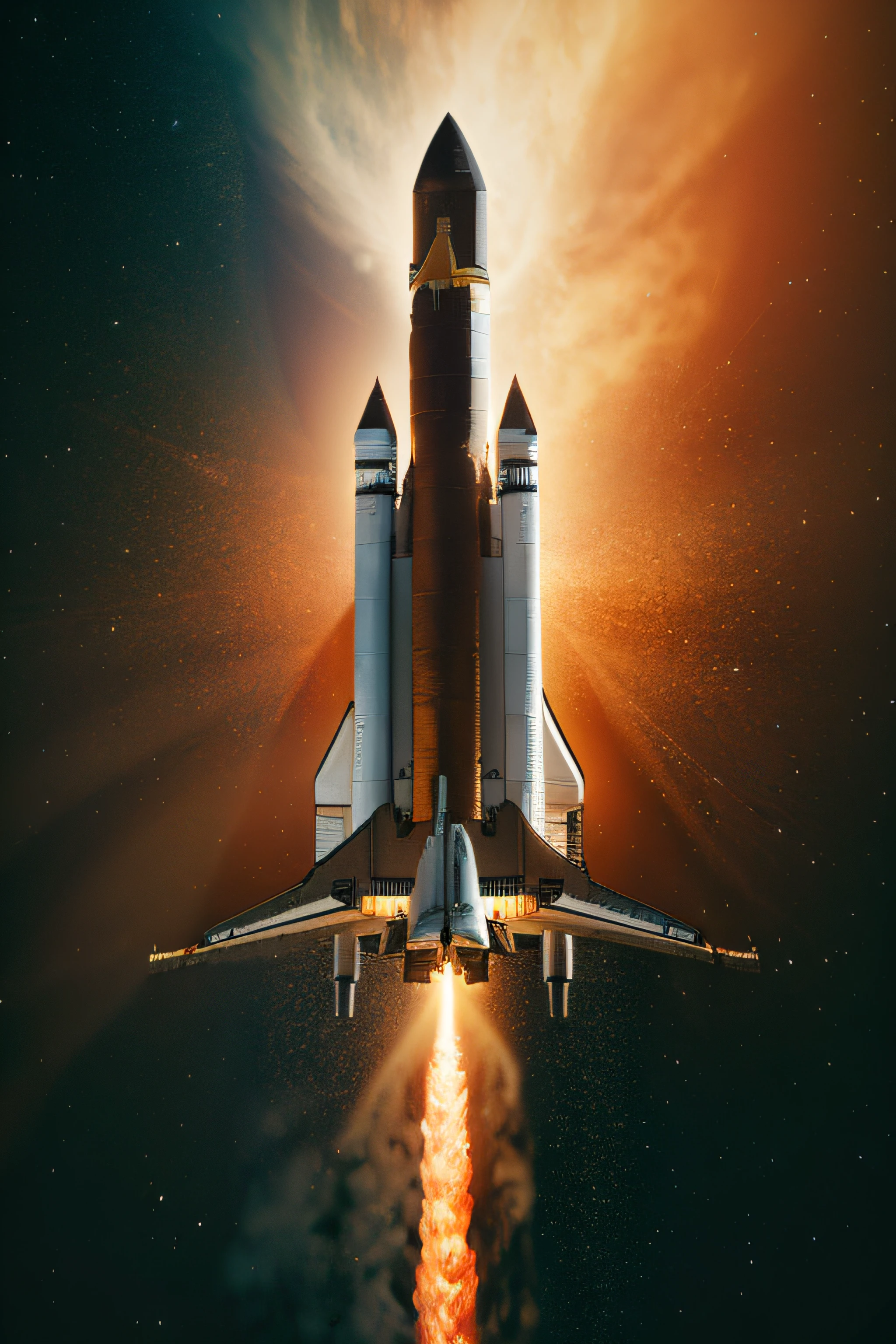 The space shuttle flies to Mars, the engine spits fire, metallic texture, glossy, realistic, hyper-realistic, bright picture, different machines, starry sky, daytime, reveals large details of the space shuttle, super wide angle, bird's-eye view, high reality, light and dark