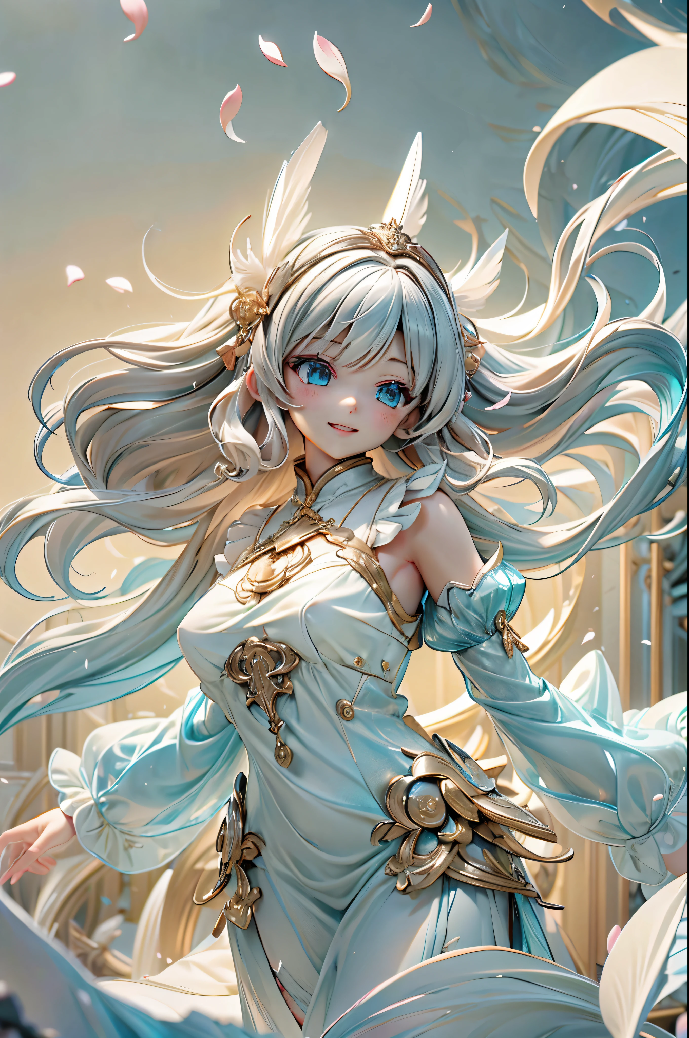Floating hair and detailed mouth,a smile、The girl wears a white hair ribbon with a black border、magical little girl、intricate detailes、doress、clear and beautiful、full bodyesbian、Best detailed girls、thick thight、Slouched、Beautiful detailed whole body、perfect bodies、femele、20yr old、long light wavy hair、hime-cut、bangss、air bangs、Beautifully detailed longtail、Flat knitting、red streaked hair、 beautiful detailed hair、extremely beautiful detailed anime face and eyes、^ ^、beautiful detailed deep eyes、Parted lips、Delicate arm and hands、highlydetailed skin、Large top sleeve、Hair bow、Feathers in the dress、Complex filigree、sleeveless dresses、bra very、translucent fluttery skirt、over exposure、long top sleeves past the fingers、bare thigh、finely detailed cloth、cyan color clothing、plein air、flower petals、 many scattered luminous petals、shimmer、refined rendering、Highly detailed CG8k wallpapers、8k wallpaper、masterpiece、