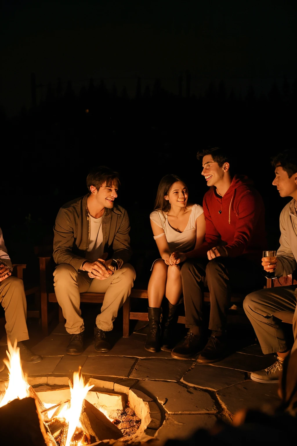 Night talk around the fire,telling stories,A group of handsome men and beauties