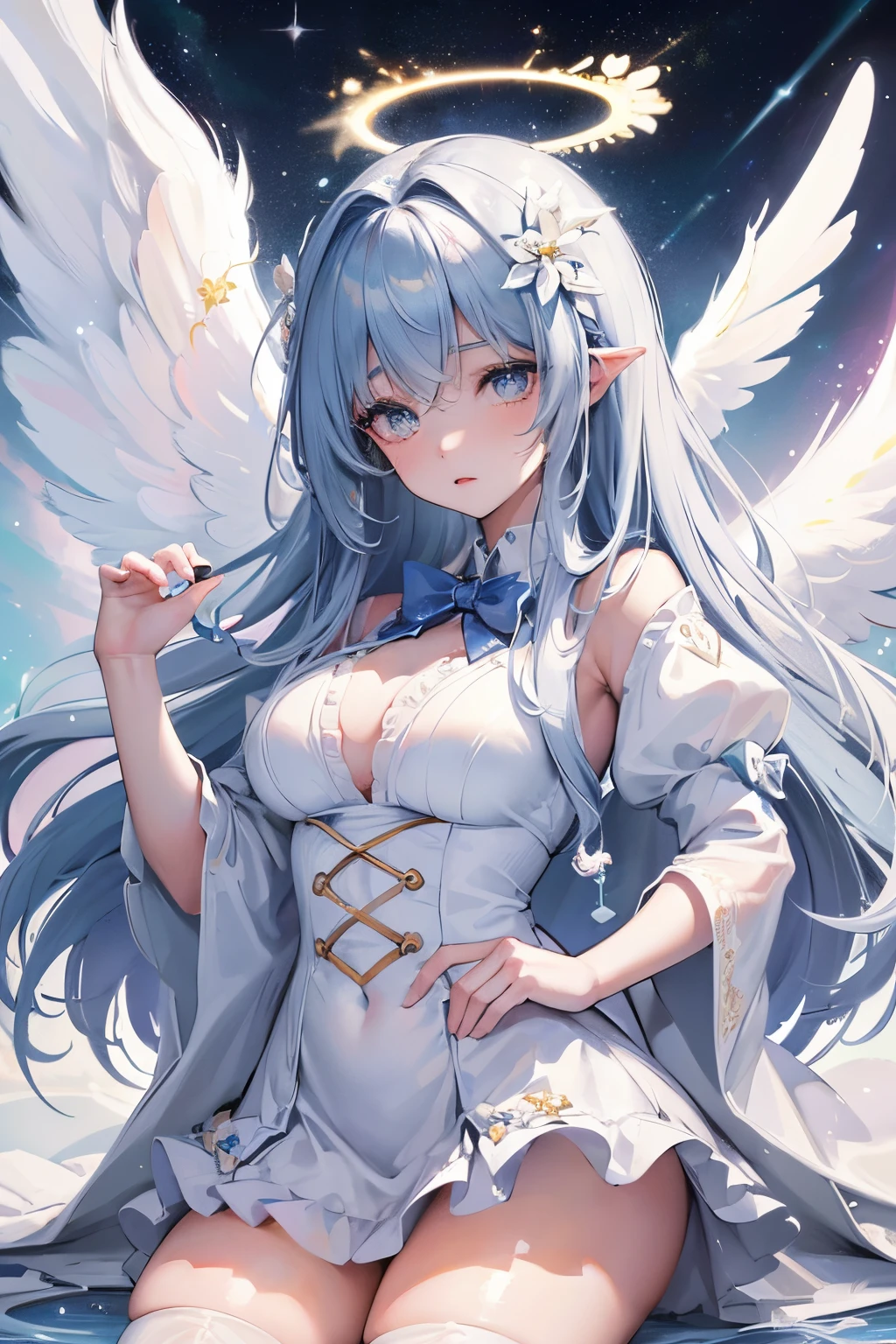 tmasterpiece, (Best quality at best:1.2), [:Complicated details:0.2], 1 plump girl,  Angelic, the angel's wings, White frills, (Daytime sky), A flashing halo, intense concentration, Burst energy, mystic symbols, scintillation particles,