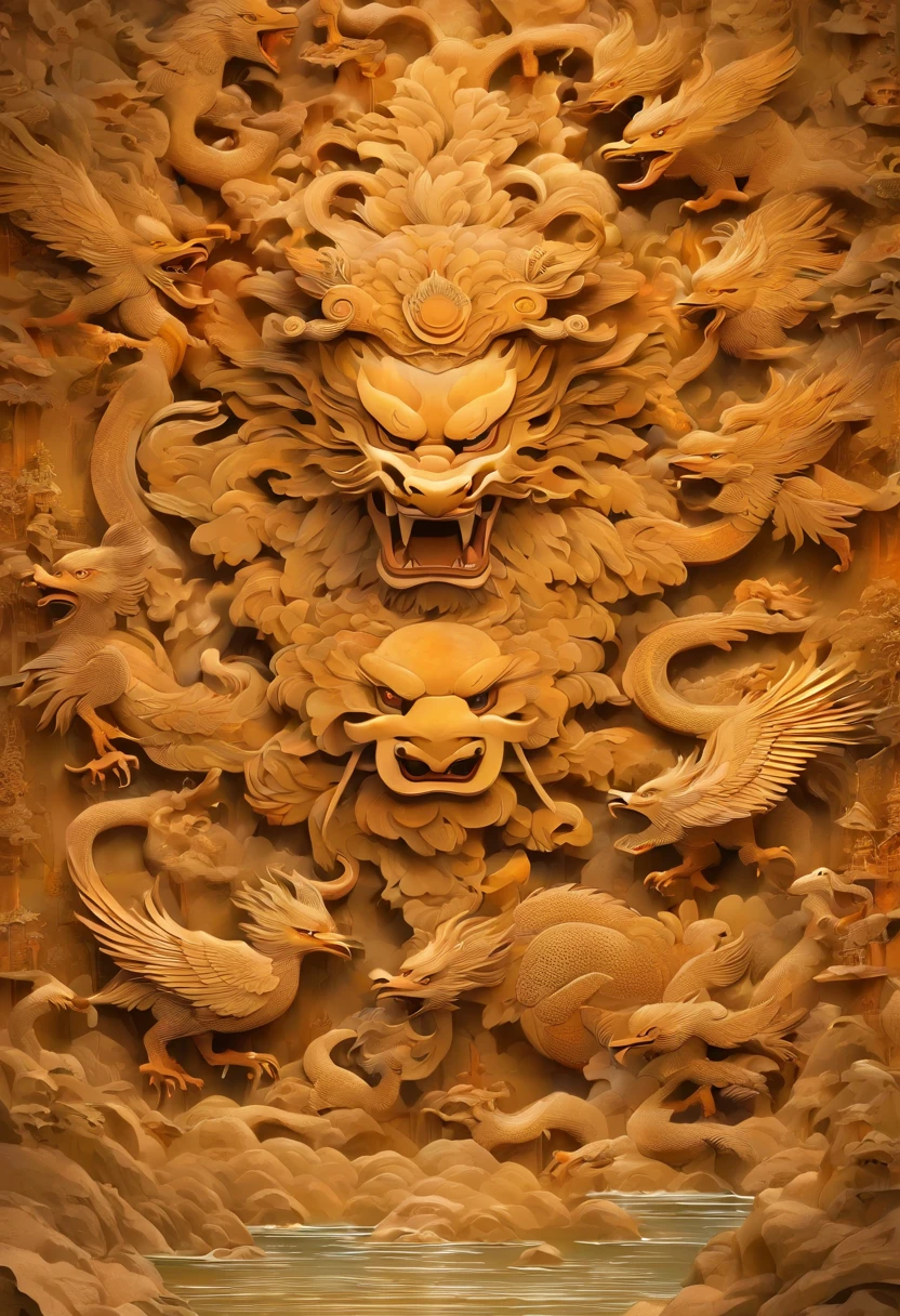 filmposter,The sacred beast of Shan Hai Jing,Demon carving,also known as compilation,It's a man-eating monster that looks like a bird but not a bird.,It looks like a sculpture but has horns。It makes a sound like a baby crying,Another way to say it is,Gu carvings live in the water of Zegeng。no matter where,Gu eagles are extremely aggressive and cannibalistic.,mistic ,legends , ancientry , mito ,Cultural symbols ,Dunhuang art,black and gold,2D,low angle shot,very imaginative,Epic。