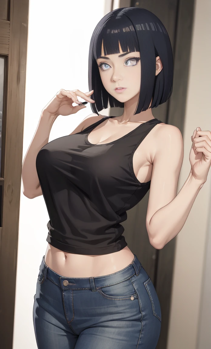 Hinata Hyuga,Meisterwerk, (Tanktop),Skinny Jeans, Seductive face, gute Beleuchtung, Ausschnitt, Kleine Details, Meisterwerk, Leuchtende Augen, 1girls, schwarzes Haar, im Gesicht, Glyzinien-Hintergrund, Meisterwerk, best quality, Half body, Erotik,big Breasts,