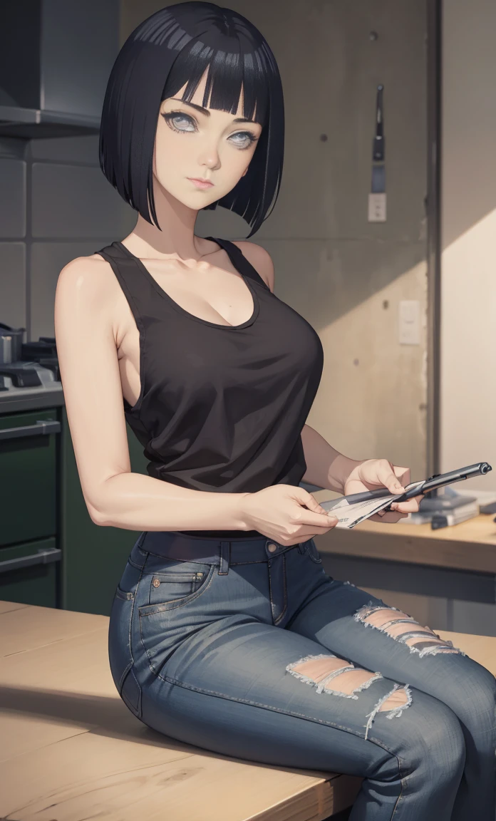 Hinata Hyuga,Meisterwerk, (Tanktop),Skinny Jeans, Seductive face, gute Beleuchtung, Ausschnitt, Kleine Details, Meisterwerk, Leuchtende Augen, 1girls, schwarzes Haar, im Gesicht, Glyzinien-Hintergrund, Meisterwerk, best quality, Half body, Erotik,big Breasts,