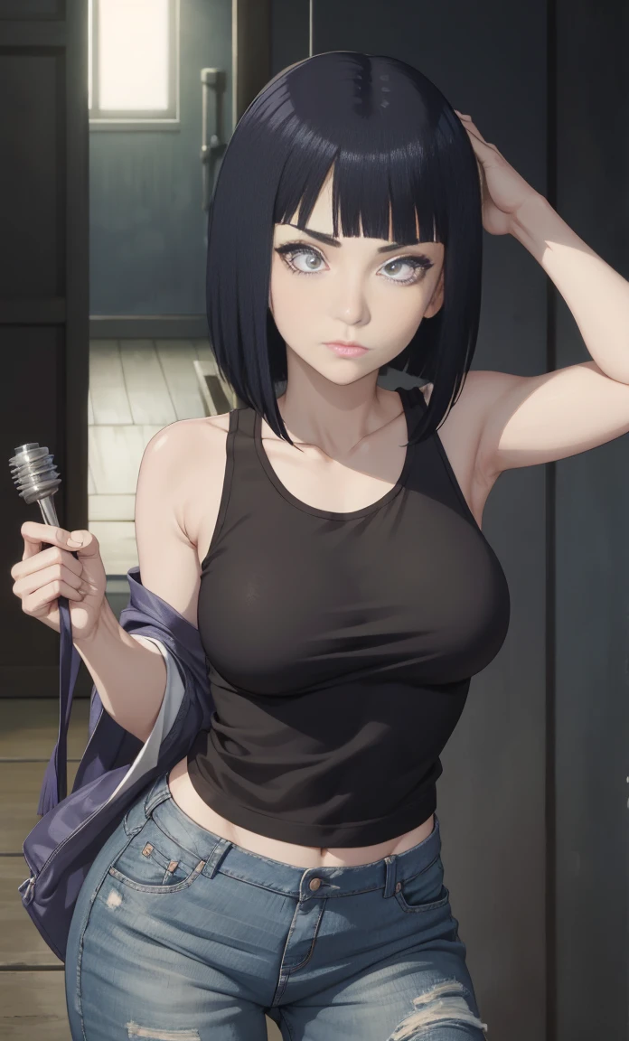 Hinata Hyuga,Meisterwerk, (Tanktop),Skinny Jeans, Seductive face, gute Beleuchtung, Ausschnitt, Kleine Details, Meisterwerk, Leuchtende Augen, 1girls, schwarzes Haar, im Gesicht, Glyzinien-Hintergrund, Meisterwerk, best quality, Half body, Erotik,big Breasts,