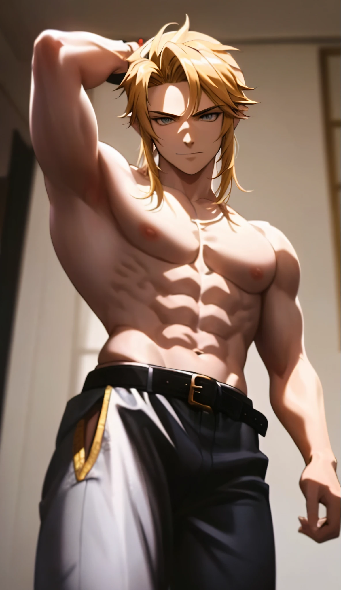 a close up of a man with blonde hair and no shirt, handsome guy, shirtless :: high detail, blonde, anime boy, blonde waist-long hair, handsome anime pose, smooth skin, shirtless,link, masterpiece,detailed, intricate,4k,digital painting,pants,martial arts,black belt, (muscular:0.5),perfect, (abs:0.5),warrior,sportive,seductive,evil,smirk,(from below:1.4),(indoor)(palace)(one hand behind head),serious, confident,looking at viewer,bdsm
