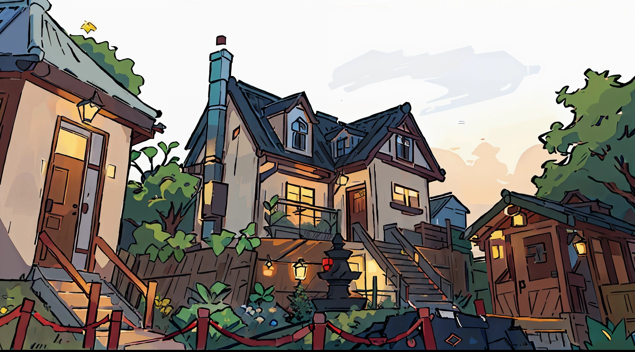 night scene anime, anime background, there is a small house with a garden and a fence