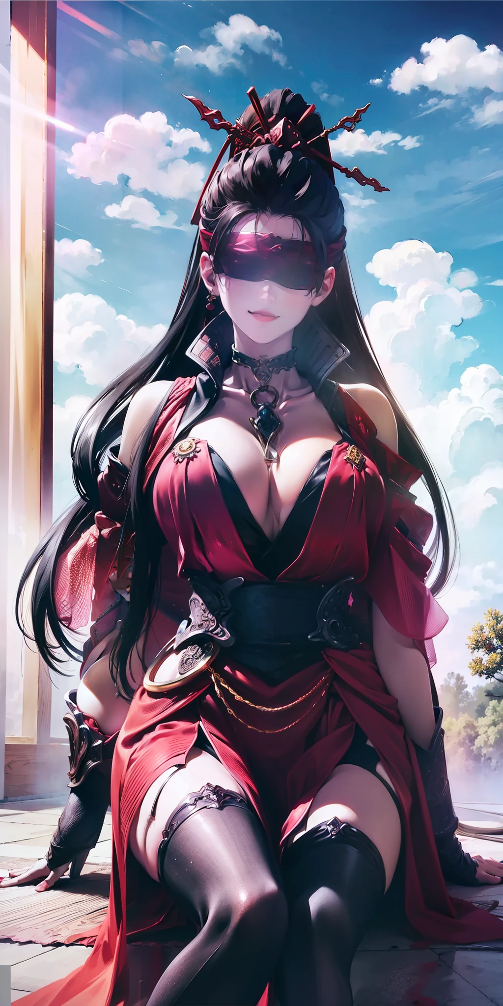 beautiful eyes,god rays, silk,  indoors,blindfold, hair ornament,red dress, bun, hair sticks, black hair, sit, spread legs,
jewelry,  hands on chest,see-through, looking at viewer,  hair ornament, choker, shy,  smile,
(masterpiece, top quality, best quality, official art, beautiful and aesthetic:1.2), (1 girl), extreme detailed,  colorful, highest detailed,
(huge breasts:1.2,) upper body, from bleow,  cameltoe, white panties, skirt lift,
china city,street,  sun, cloud, wall, leaning,