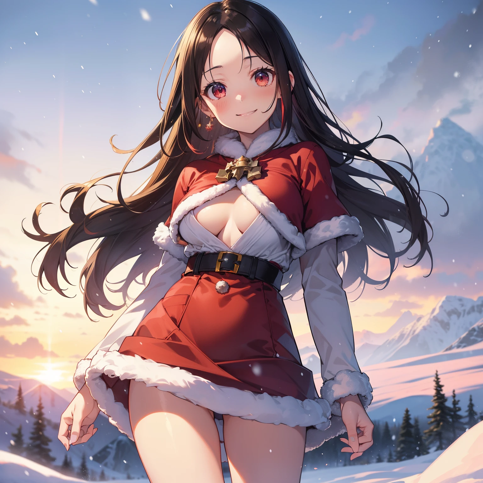 (masutepiece,Best Quality,8K),(extremely detailed CG1.1),s girl,Smile,large boob,(From below:1.2),Intricate details , Hyper realistic, Perfect Anatomy,A dark-haired,Red Eyes,(((Forehead))),Permed hair with wavy hair,(((length hair))),Hair over one eye,hair slicked back,Full body,(((santa claus))),blush,Happy smile,(((in the snowy mountains))),Lens Flare,Wind,Magnificent view,(chromatic abberation:1.3),Dynamic Angle,Cowboy Shot,Looking at Viewer,It's snowing,is standing