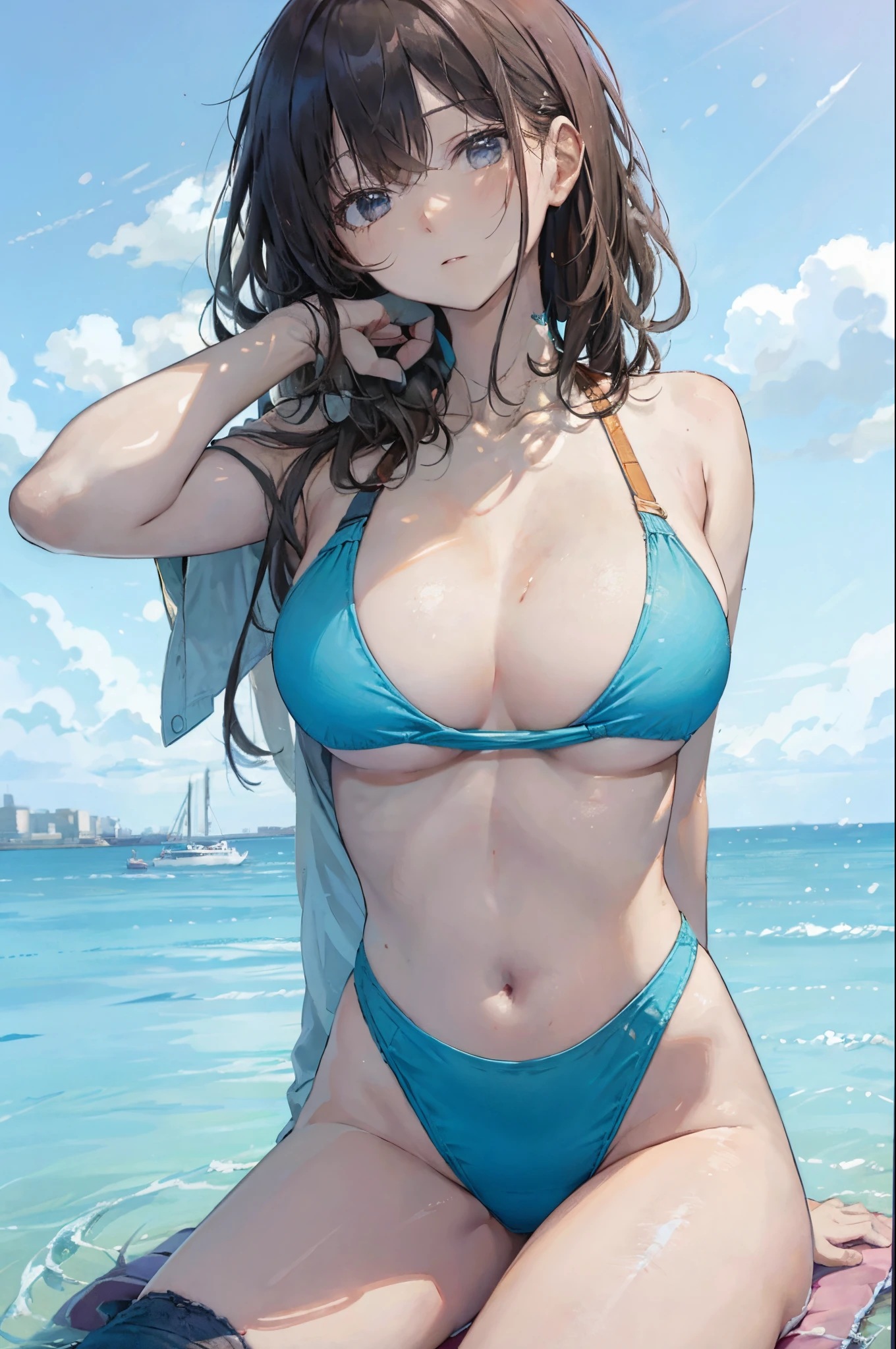 tmasterpiece, perfectquality, perfect detail, A high resolution, very delicate beautiful, boobgasm, Competitive swimwear, Seafront