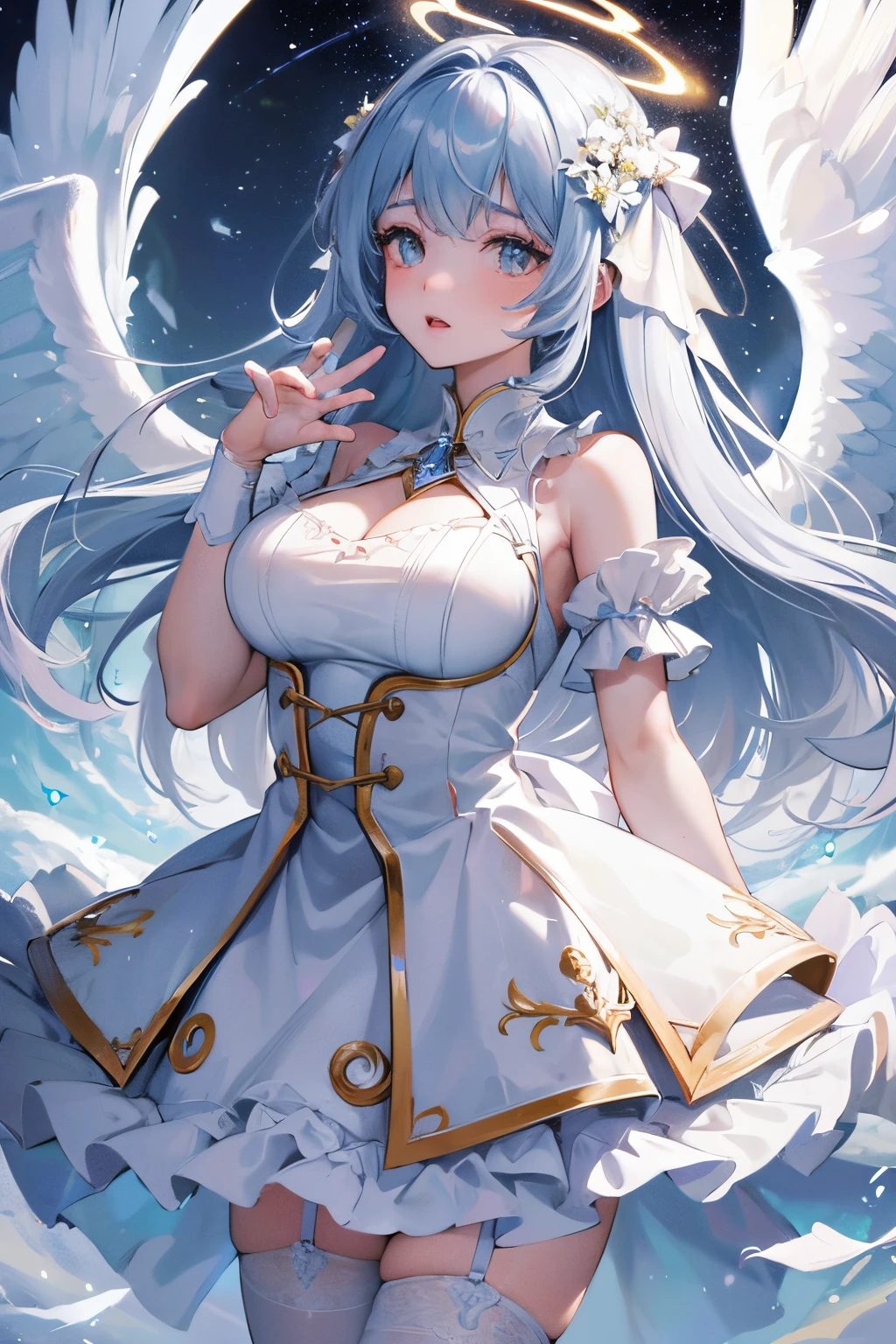 (ultra-detailed CG unity 8k wallpapers, art station trends, digital art, delicate and beautiful multicolored hair, expressive hair girl, crystal clear white stockings, cute wedding dress, art germ perfect style, very beautiful feminine goddess of anime, The latest animated female character at Gwaits' Art Station, packed with artistic elements)