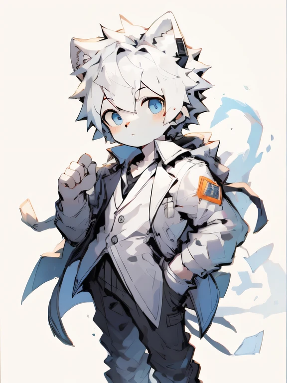 youth，shota，white color hair ，male people， Stood up， Master masterpieces， A high resolution，8K，detailedbackground，high high quality， schoolboy，，White lab coat，looking at viewert，angle of view，seen from the front，shorter pants