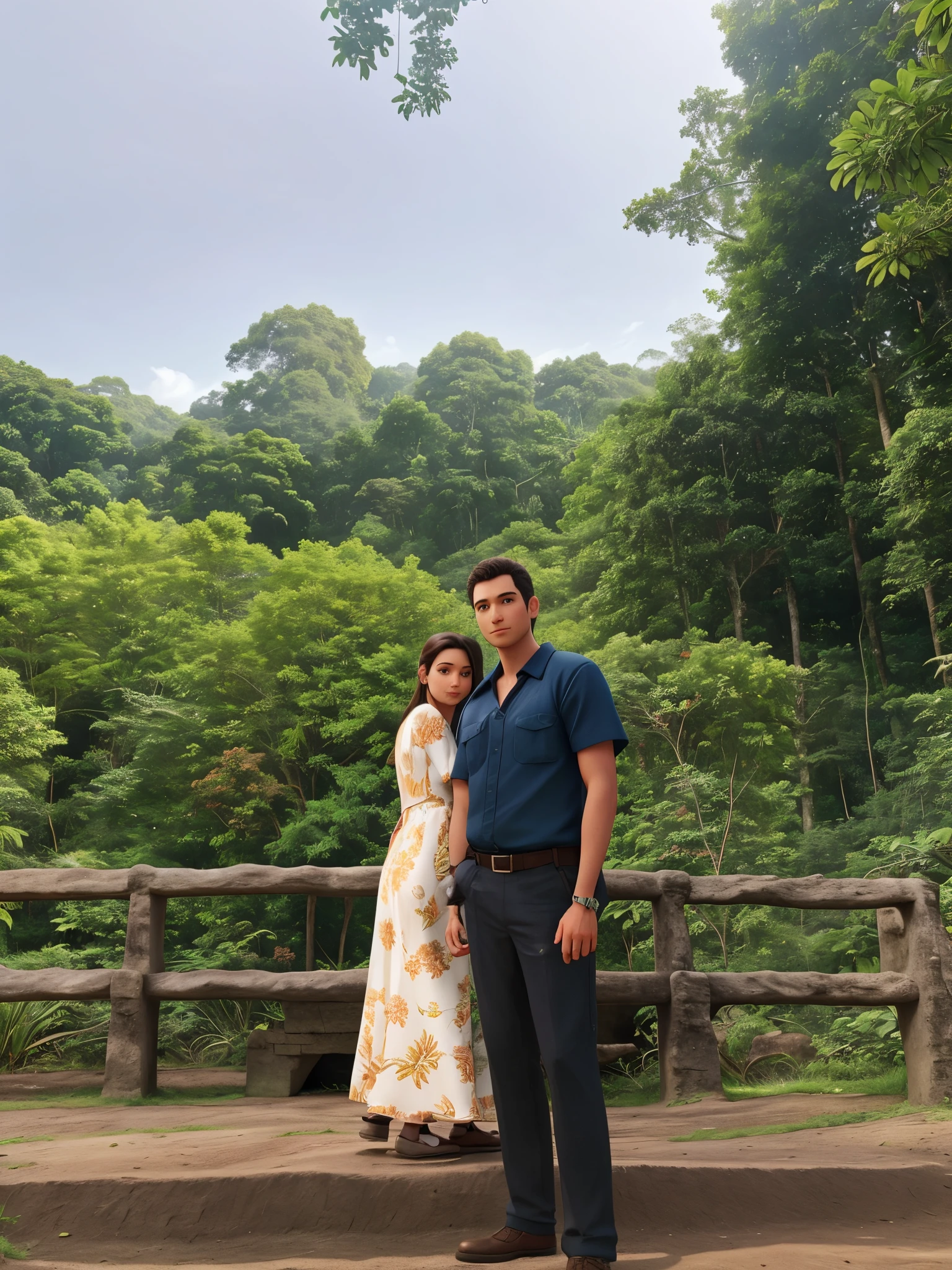 there is a man and woman standing together on a bridge, jungles in the background, standing in a botanical garden, in front of a forest background, trees in the background, in the background is lush jungle, bushes in the background, in a jungle, in front of an amazing forest, in jungle, the jungle at the background, real picture taken in zoo high quality realistic 3D