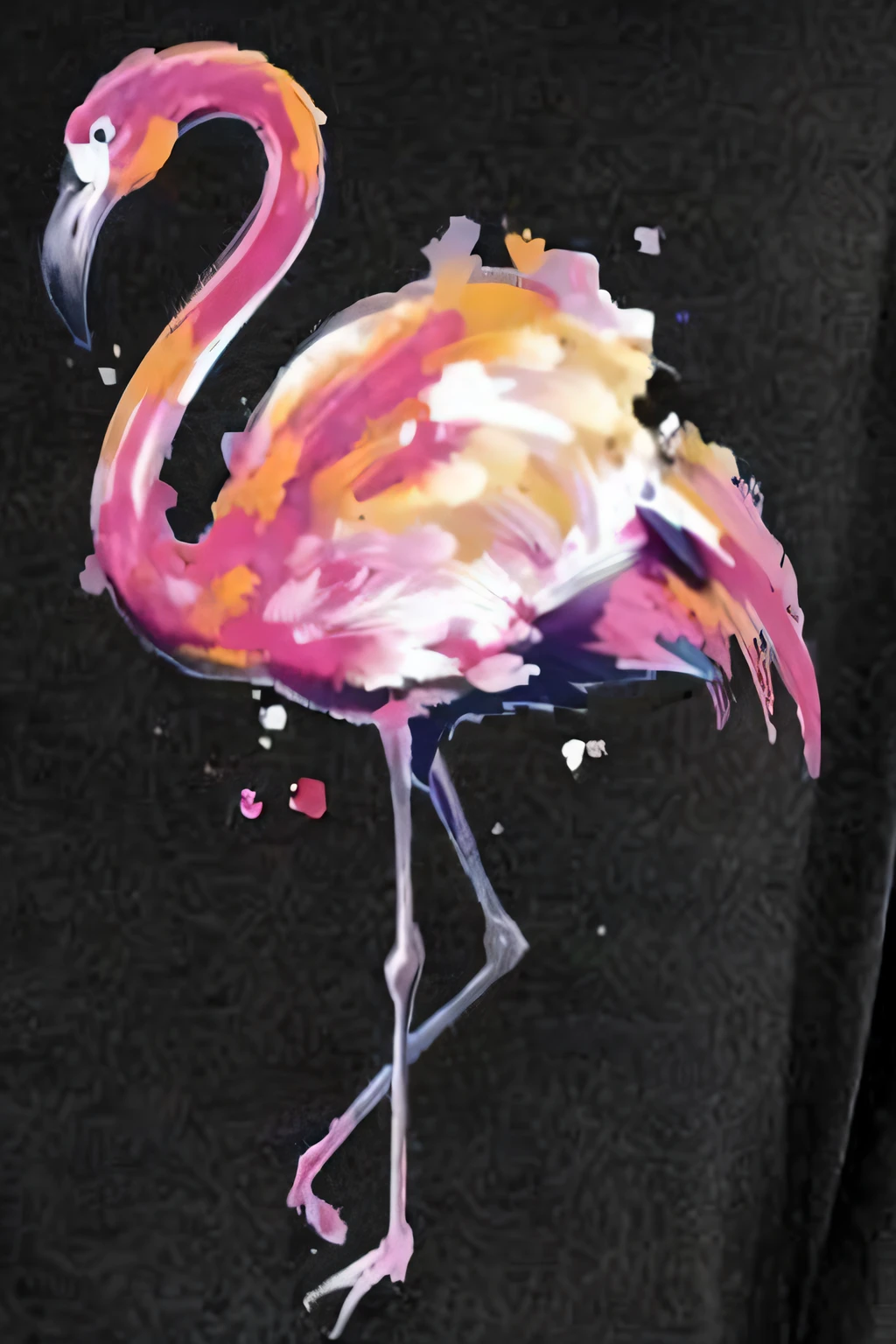 One was wearing a black shirt、Close up of woman with pink flamingo on top, flamingo, graphic printing, graphic detail, bird's eyes view, flamingo, Dragon Flying Phoenix Dance, flamingo, high detailed print, bird's eyes view, astonishing detail, stunning detailed, insanely details, beautifuldetails, A lot of detail, author:John Clayton, splash of color, Black watercolor