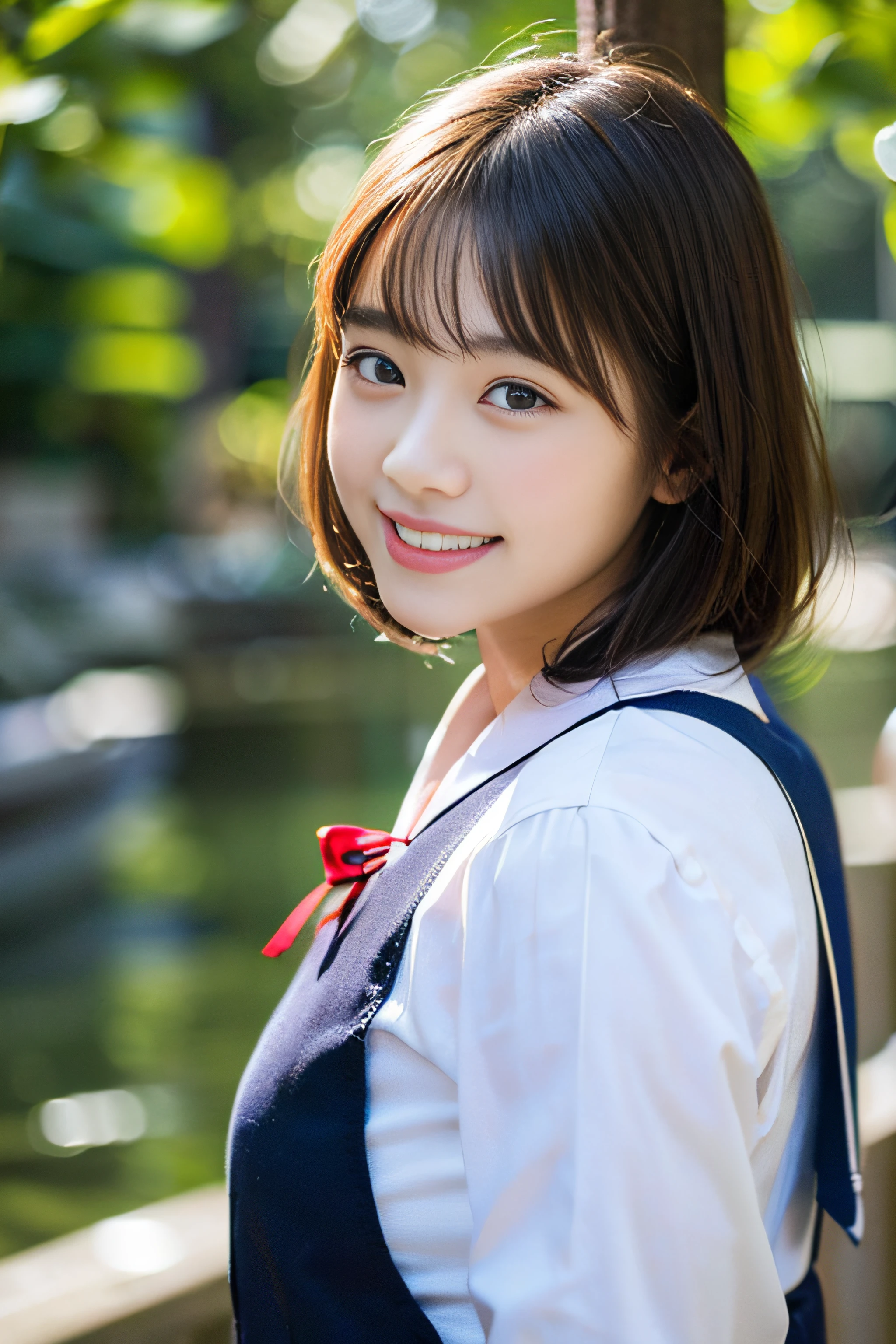 (8K、Raw photography、top-quality、​masterpiece:1.2)、(realisitic、Photorealsitic:1.37)、ultra-detailliert、超A high resolution、女の子1人、see the beholder、beautifull detailed face、A smile、Constriction、(Slim waist) :1.3)、Beautiful detailed skin、Skin Texture、Floating hair、Professional Lighting、Whole human body、a blond、japanese hight school uniform、a sailor suit、matriculation、short-cut、Bob Hair、E-cup、Happy smile、sixteen years old、Red ribbons、a baby face、Childish smile、Suppin、Moisturizing lips、Pale pink lips Tanigawa、mont、a river