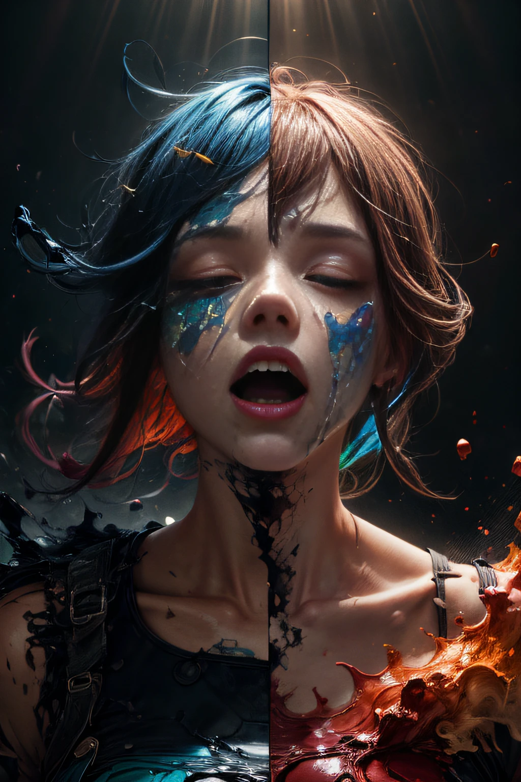 1 girl, solo, (level difference:1.8),(Paint colliding and splashing on the canvas),(depth of field),(flat color :1.1,(yellow theme)),1 girl,screaming,propaganda poster,full body,strong wind,heavy smoke,(liquid paint rainbow hair:1.1) made of paint and defies gravity,thick flowing,(paint splatter:1.3),Liquid state,stunningly beautiful, masterpiece, detailed background,ultra high quality model, ethereal background,abstract beauty, explosive volumetric, oil painting,heavy strokes,Romantic lighting,Sub-Surface Scatterring,glow,8k,high resolution, dreamy,ray tracing,hdr,god rays, makima,
