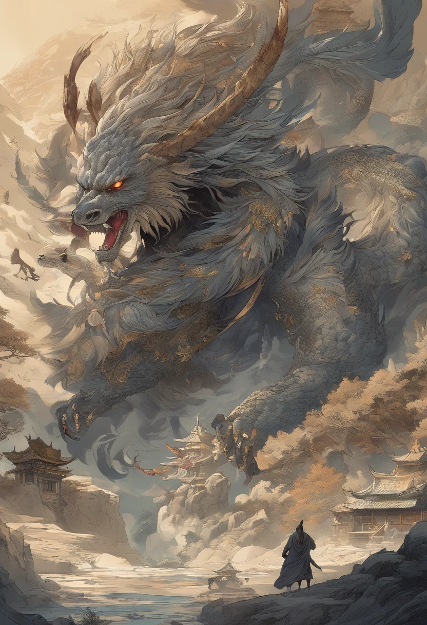 (Best quality at best,8K,A high resolution,tmasterpiece:1.2),ultra - detailed,(actual,realisticlying,Photorealistic:1.37),Ancient beasts from hell,Chinese mythology,Mountain and Sea Sutra,Mountains and sea,Ancient legends,Mythical dragons,Sparkling golden scales,deer antlers,mane hair,Dragon whiskers,sharp talons,beast of prey,bucktooth,sparkling big eyes, Intricate fantasy ink painting, Detailed fantasy ink illustration, The fantasy is very detailed, beautiful detailed fantasy, The magic fantasy is very detailed, Highly detailed fantasy art, Rivendell Epic Fantasy, japanese fantasy, detailed fantasy digital art, chinese fantasy, detailed fantasy art,Dunhuang art、Dunhuang art、All things natural