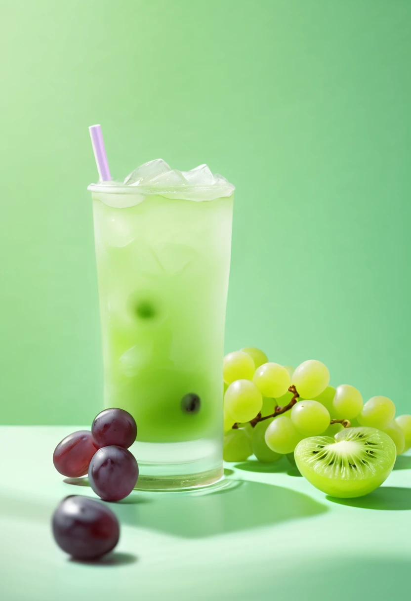 Product film photography, micro view, medium and distant composition, 1 cup of Qingti iced coffee on the disc with soft lines, 3-4 green grapes beside the disc, no purple grapes, water sparkling, light green water as the background, bright mint green and white, realistic reality, hyfine details, light and shade contrast, shot by Nikon,