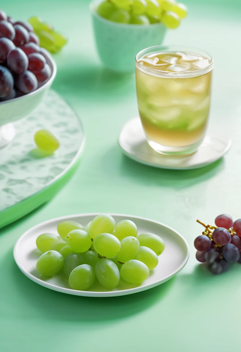 Product film photography, micro view, medium and distant composition, 1 cup of Qingti iced coffee on the disc with soft lines, 3-4 green grapes beside the disc, no purple grapes, water sparkling, light green water as the background, bright mint green and white, realistic reality, hyfine details, light and shade contrast, shot by Nikon,