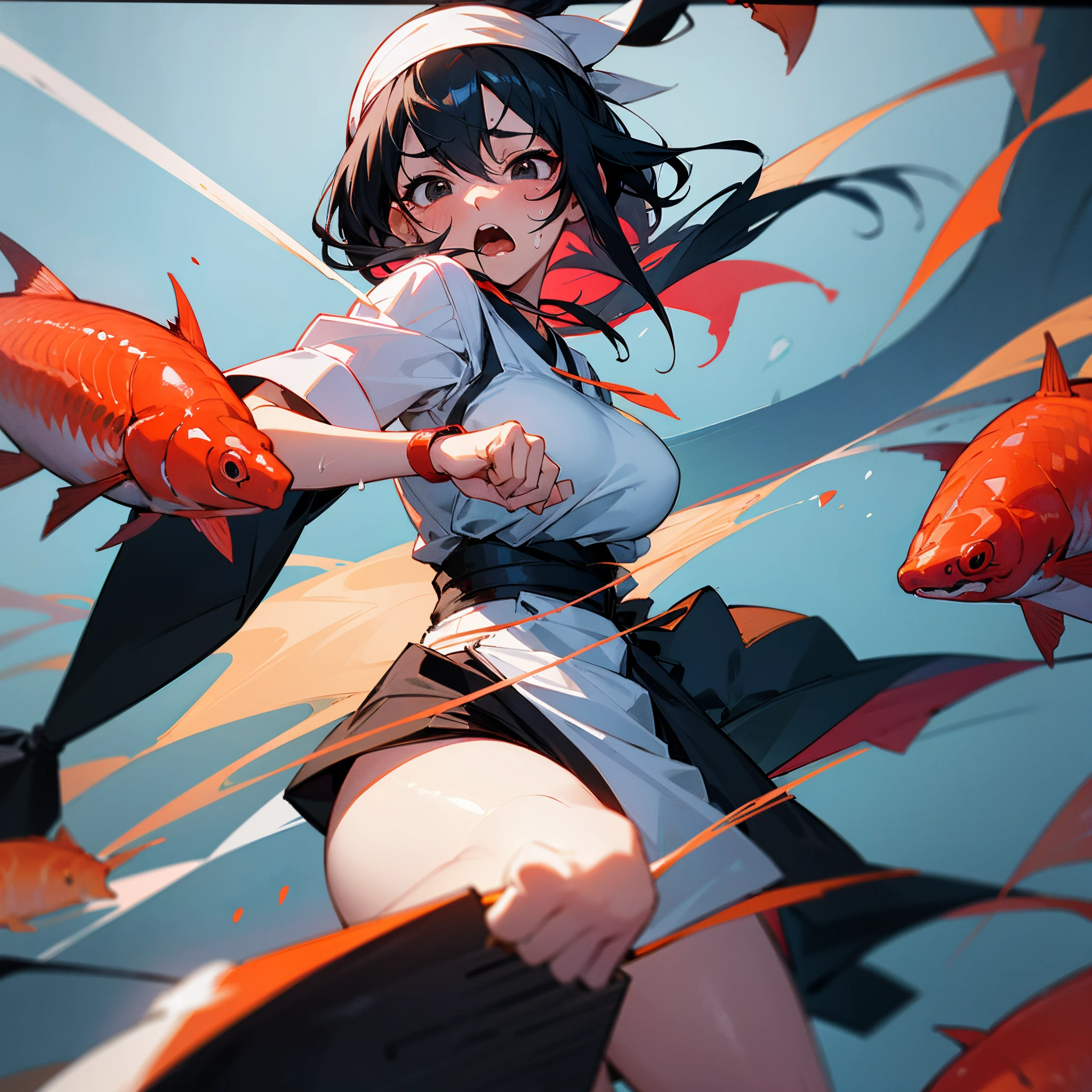 sushi chef preparing fish, anime girl, incredibly nervous, sweaty, scared, cutting fish on a board, black hair, black eyes, cartoony girl, sushi chef outfit, large breasts, masterpiece, mouth open, horrified, kitchen background, white headband