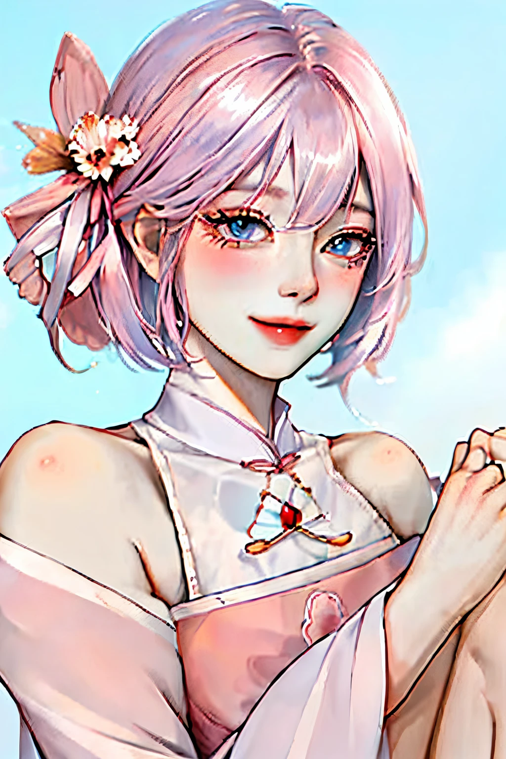 (extremely delicate and beautiful:1.2)、1girl in、Facigirl、bangss、blue eyess、The background is pure white、A pink-haired、side、hair between eye、The hair 、long-sleeve、looking at the viewers、short-hair、Red bow、独奏、stele\(Symbols\)、The upper part of the body、A smile、Orange lips、Blush under the eyes、long lashes