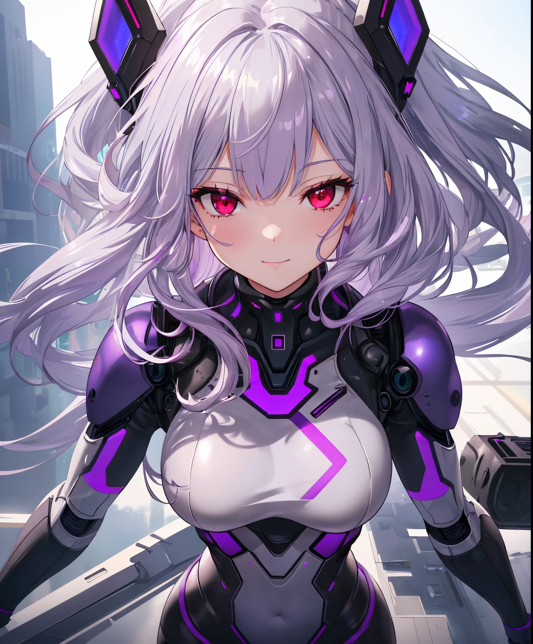 (extremely detailed CG unity 8k wallpaper), (((masterpiece))), (((best quality))), ((ultra-detailed)), (((illustration))), (best shadow), ((an extremely delicate and beautiful)), (detailed light), (well designed face), amazing face, (super detailed), cinematic shot, beautiful detailed eyes, detailed background, solo, 1girl, straight hair, very long hair, ((blund bangs)), (bare forehead), floating hair, ((purple inner hair colour)), (((silver hair))), sexy lips, (((red eyes))), glowing eyes, grey skin, first rate breasts, large breast, first rate female bodies, bewitching thighs, smirk, combat suit, (blue combat suit), exoskeleton, cyber city, futuristic building in behind,