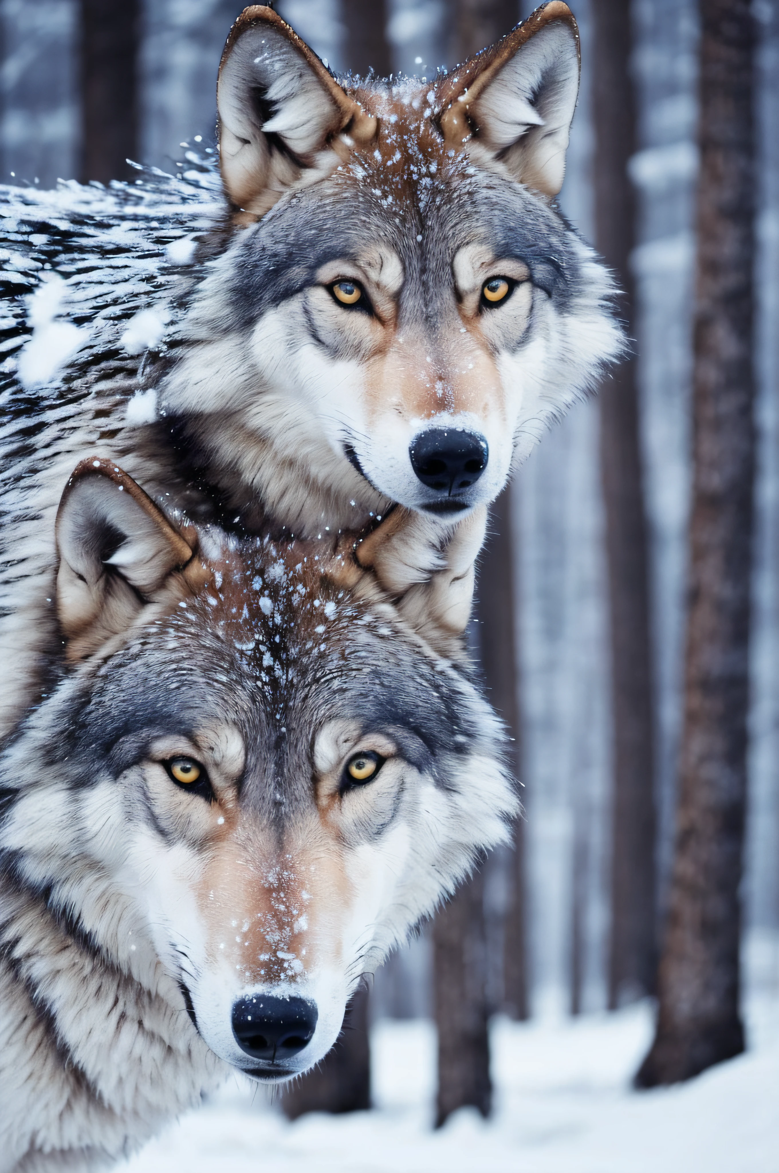 RAW photo of a landscape, small details, photorealistic, ultra-realistic photo, 8k uhd, dslr, soft lighting, high quality, film grain, Fujifilm XT3, (masterpiece) 
 ((Wolf in Boreal Forest with Snow))
 Wolf Features:
   - Include a realistic and imposing wolf in the scene.
   - Rich details in the coat, with special attention to texture and vitality.
   - Expressive eyes and majestic posture.
   - Contextualize the wolf in a snow-covered boreal forest.
   - Use a winter color palette, highlighting shades of blue, white and grey.
   - Capture the soft winter light, highlighting the snow on the trees and the ground.
   - Explore poses that highlight the wolf's natural expression and wild attitude.
   - Capture moments of rest, alertness or movement, conveying the essence of the wolf's behavior in the wild.
   - Ensure advanced levels of detail in fur, snow texture and all elements of the scene.
   - Accentuate the nuances of light and shadow to create an immersive visual experience.
   - Adopt a cinematic style that highlights the cold and magical beauty of the boreal forest.
   - Explore compositions that convey the mystery, grandeur and austerity of winter.
   - Ensure that the image quality is exceptional, allowing every detail to be appreciated.
   - The aim is to create an image that highlights the majesty of the wolf and the wonder of the snow-covered boreal forest in a cinematic way.
   - Include footprints in the snow, visible breathing of the wolf or other elements that enhance the visual narrative.
   - Make sure the composition conveys a sense of mystery and grandeur. --auto
