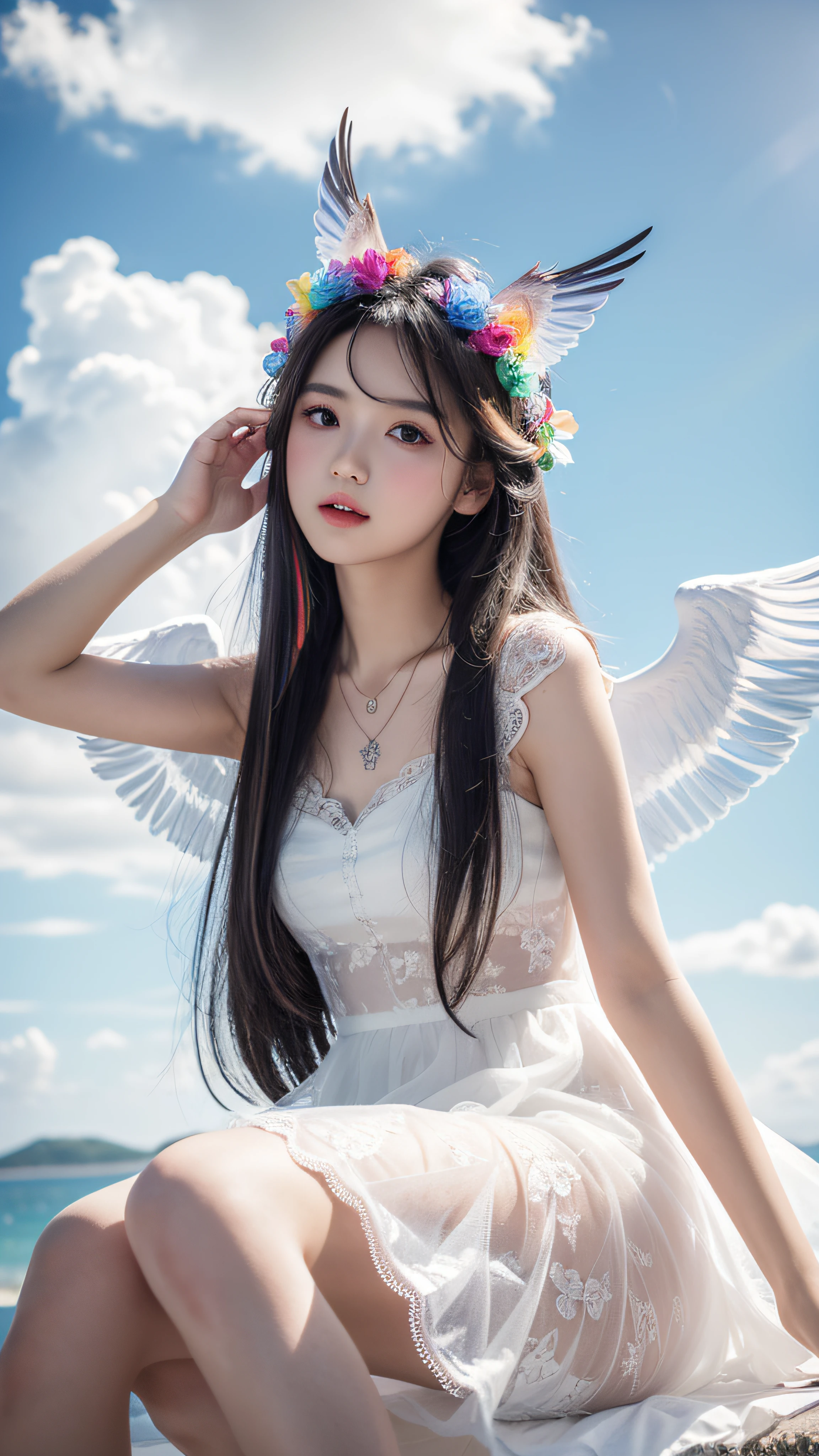 1 Girl, solo, long hair, raimbow dress, transparent lace, pairs of raimbow bird wings on head, necklace, Cloudy background, Colorful clouds, in the sky, ((Best quality)), ((highly-detailing)), (Detailed face), (offcial art), attractive poses, sitting,