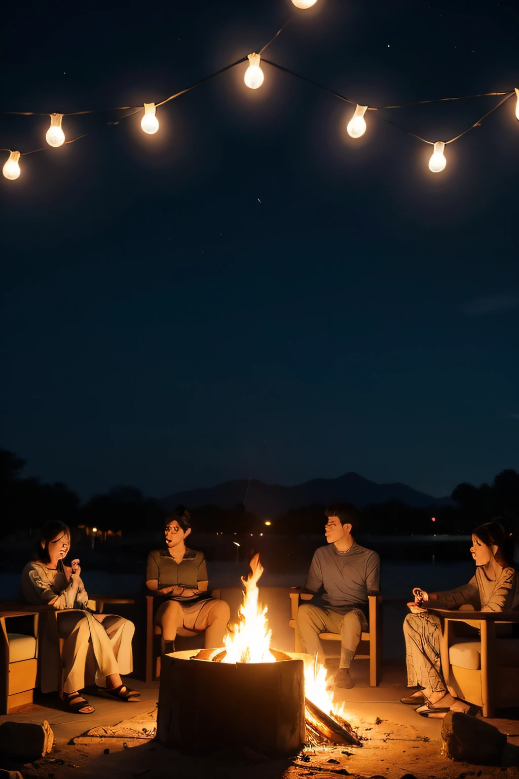 Night talk around the fire，Faces are not displayed。Cartoon quality。