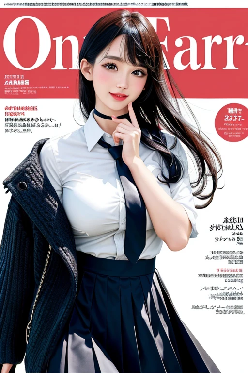 masterpiece, best quality, full body, 1girl, bangs, black choker, black necktie, black hair, blue skirt, blush, bracelet, breasts, choker, clothes around waist, collarbone, collared shirt, cowboy shot, dress shirt, ear piercing, eyebrows visible through hair, gradient hair, grin, gyaru, jewelry, kogal, long hair, looking at viewer, loose necktie, necktie, piercing, plaid, plaid skirt, pleated skirt, red eyes, ring, school uniform, shirt, skirt, smile, solo, white shirt, street, sky, cherry blossoms, petals,illustration, (magazine:1.3), (cover-style:1.3), fashionable, woman, vibrant, outfit, posing, front, colorful, dynamic, background, elements, confident, expression, holding, statement, accessory, majestic, coiled, around, touch, scene, text, cover, bold, attention-grabbing, title, stylish, font, catchy, headline, larger, striking, modern, trendy, focus, fashion,