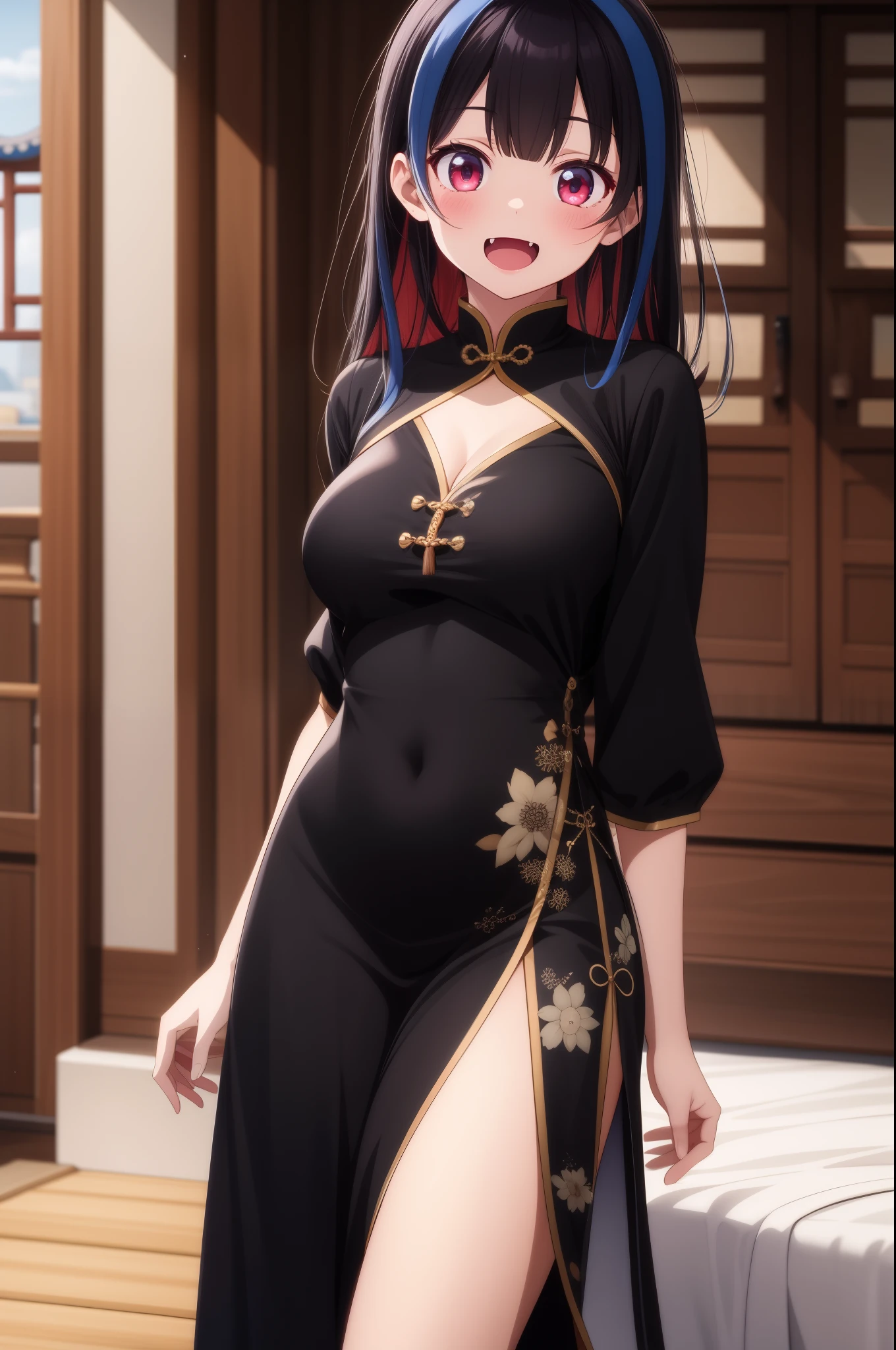 masterpiece, beautiful, best quality, perfect eyes, 1girl, solo, large breasts, light smile, opened mouth, mini yaemori, fang, red eyes, black hair, multicolored hair, long black hair, two distinguishing blue streaks, straight cut bangs, chinese dress, chinese clothes, standing, bedroom