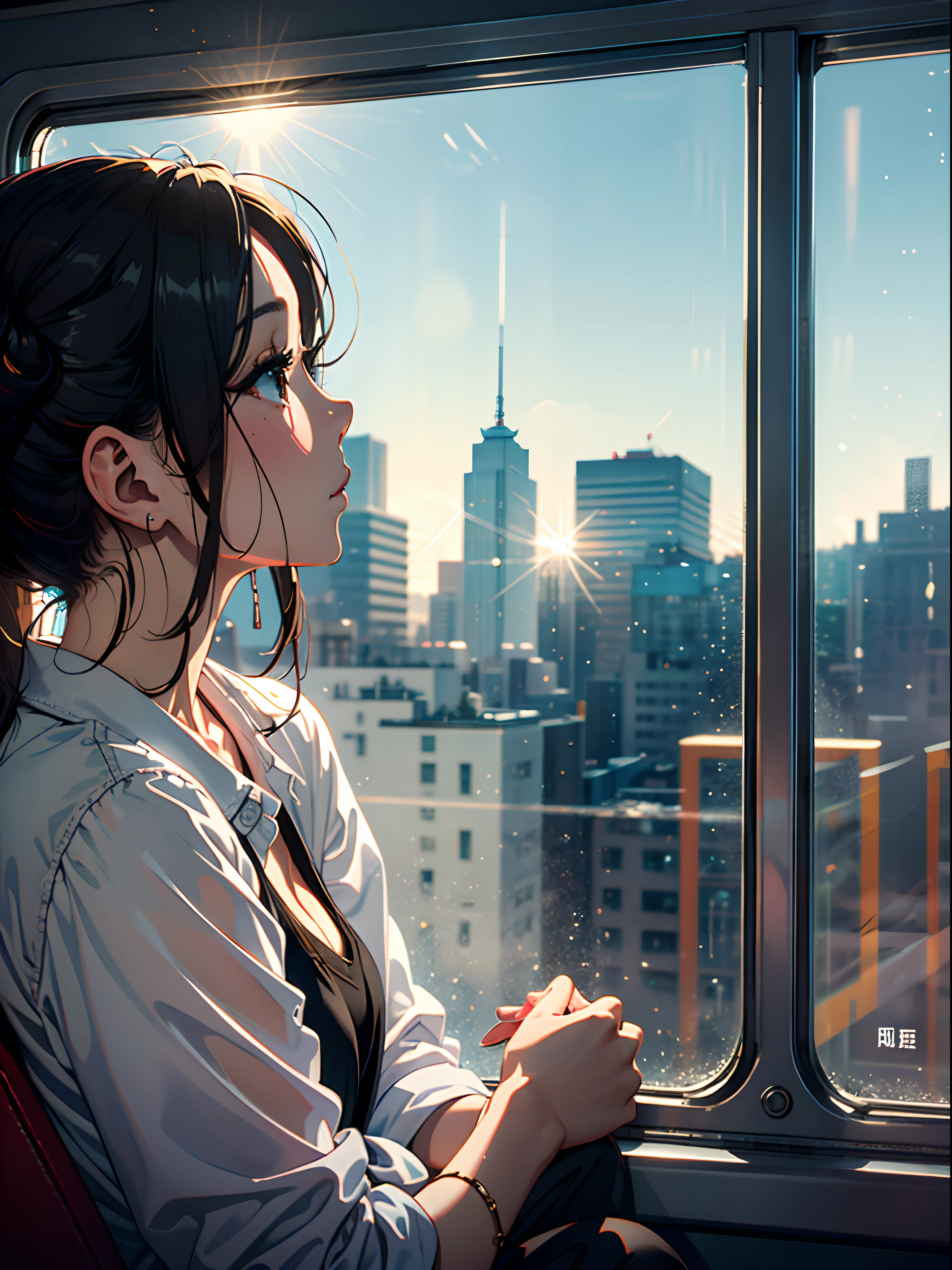 wall-paper、Afternoon sun、depth of fields、high resolution details、Wet watermark、ultra-detailliert、filmg、surrealism、Soft light、(1girl in)、Deep field focus bokeh、Ray traching、diffused(Ultra-fine glass reflection)、surrealism,(Woman sitting on bus seat and looking sideways out window:1.1)、Sun in the west reflection on the glass of the window、Bus seats、Flowing scenery、profile、