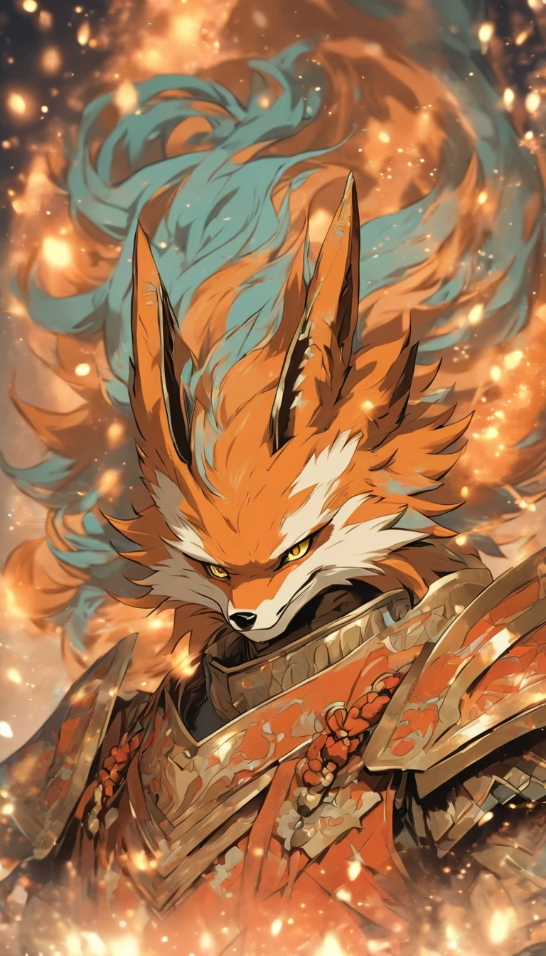 Tablet sketch of the armor portrait of the nine-tailed fox in the Book of Mountains and Seas、kosmos、rays of moonlight、punky style、old paper texture,in mecha style,The is very detailed,Live-action,China-style