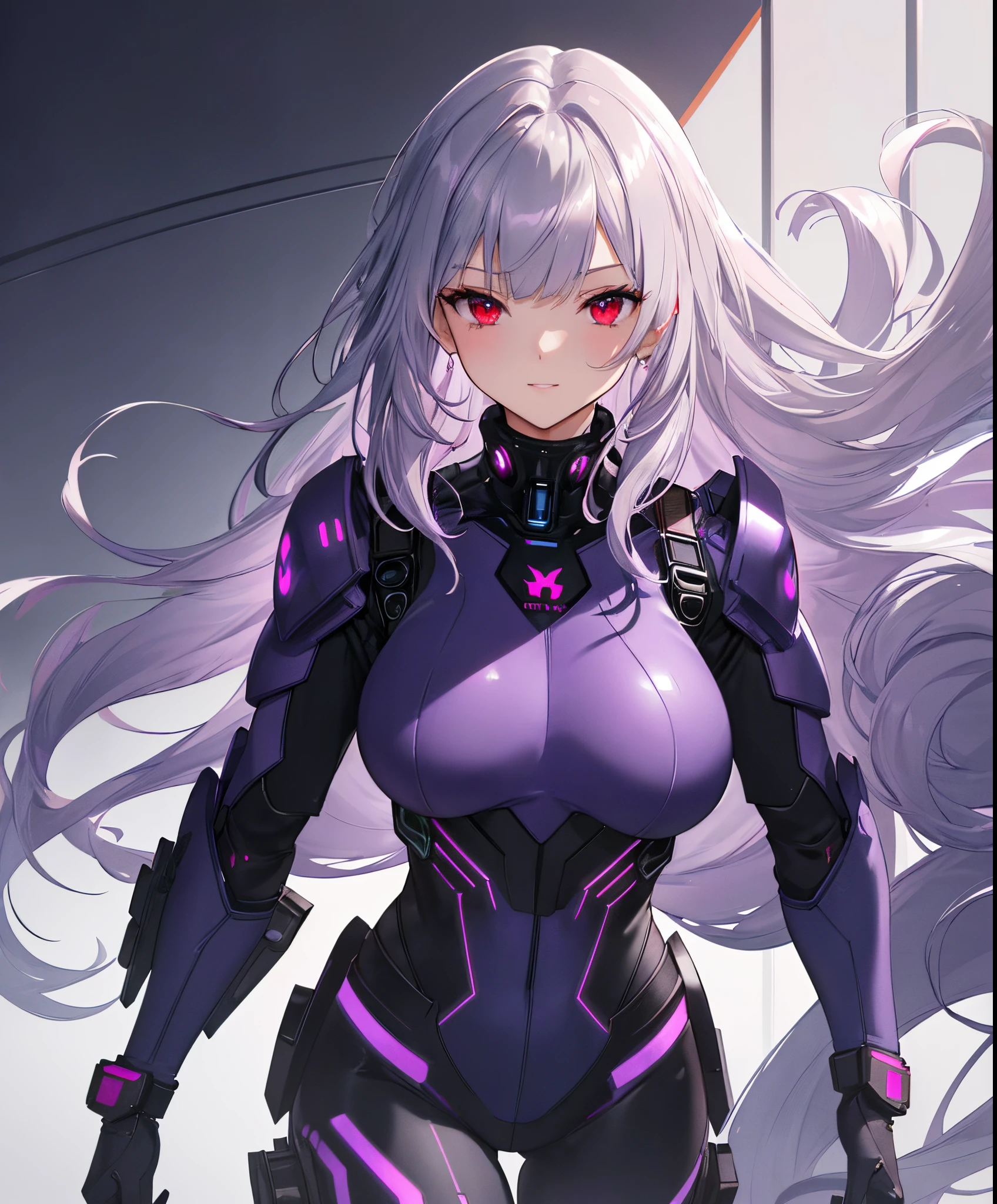 (extremely detailed CG unity 8k wallpaper), (((masterpiece))), (((best quality))), ((ultra-detailed)), (((illustration))), (best shadow), ((an extremely delicate and beautiful)), (detailed light), (well designed face), amazing face, (super detailed), cinematic shot, beautiful detailed eyes, detailed background, solo, 1girl, straight hair, very long hair, ((blund bangs)), (bare forehead), floating hair, ((purple inner hair colour)), (((silver hair))), sexy lips, (((red eyes))), glowing eyes, grey skin, first rate breasts, large breast, first rate female bodies, bewitching thighs, smirk, combat suit, (blue combat suit), exoskeleton, cyber city, futuristic building in behind,