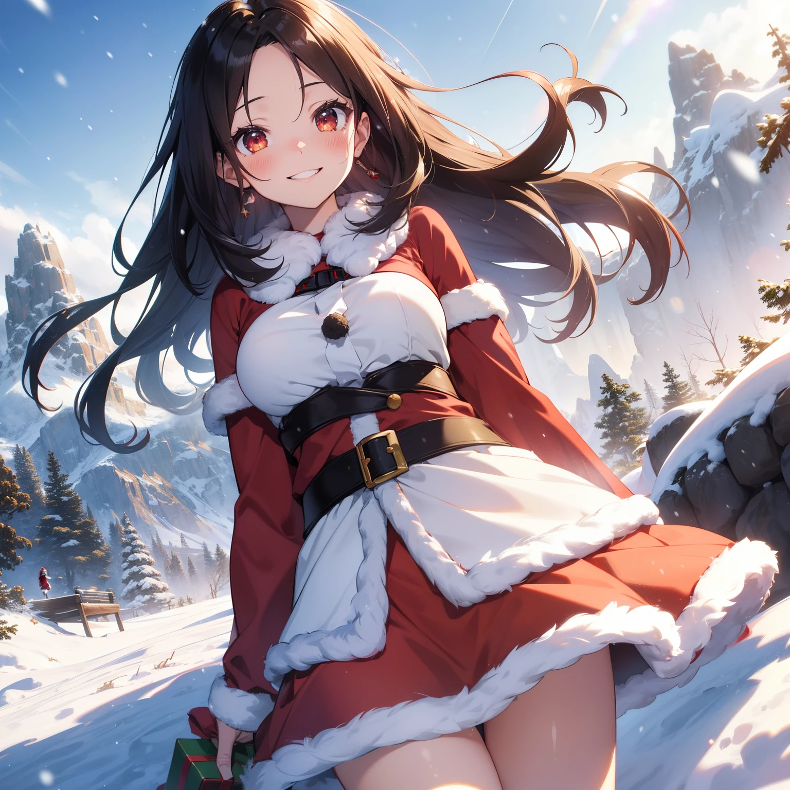 (((battle on Christmas day))), detailed face, super low angle, (((mechanical, complex body, she attacks using a giant axe against the huge god's weapon))), drooping eyes, sleepy face, open legs, small breasts, (thin thighs), ((halo)), (flying above the city), crotch hit to on the top of building, flame, ((Santa costume Santa hat)), ((destroying the city)), (in the snowing), she has many wings,