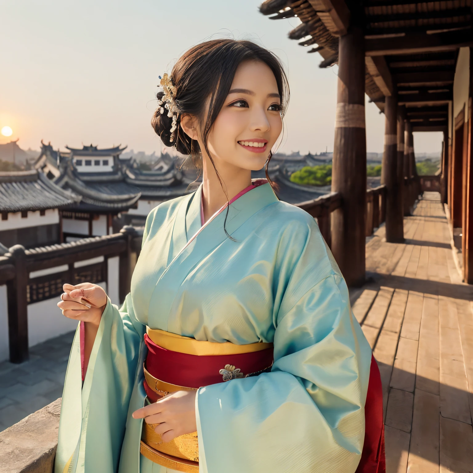 ((top-quality、masutepiece、8K、Top image quality、Very complex and detailed details、big bright sunset、Very high saturation))、(1 photo:1.7)、(Big picture:1.7)、(the princess is near、Heian period town with depth in the background:1.7)、(Close-up photo of a woman :1.5)、(Take a photo from the upper body of the princess:1.5)、(very bright sunset sky:1.3)、((1 Princess、empress、Princess of the Heian period、perfect chignon、Mainly female close-ups、Standing against the background of a gorgeous city、High class courtesan kimono))、((Atmosphere of the Heian period、Gorgeous Heian period city view、A panoramic view of the vast city of the Heian period、A panoramic view of the huge and majestic Niwa-lacquered building、Overlooking the beautiful and perfect Heiankyo、beautiful and luxurious tiled roof、Overlooking many luxurious buildings、Beautiful sunset、Fantastic sunset、Magnificent sunset、brilliant bright sunset、spectacular movie lighting、luxurious and complex building、A gorgeous reproduction of the Heian capital、A luxurious Heian period town、A gorgeous reproduction of Japan's Heian period))、(View me、Look at viewers、perfect anatomia、Biggest smile、The happiest smile)